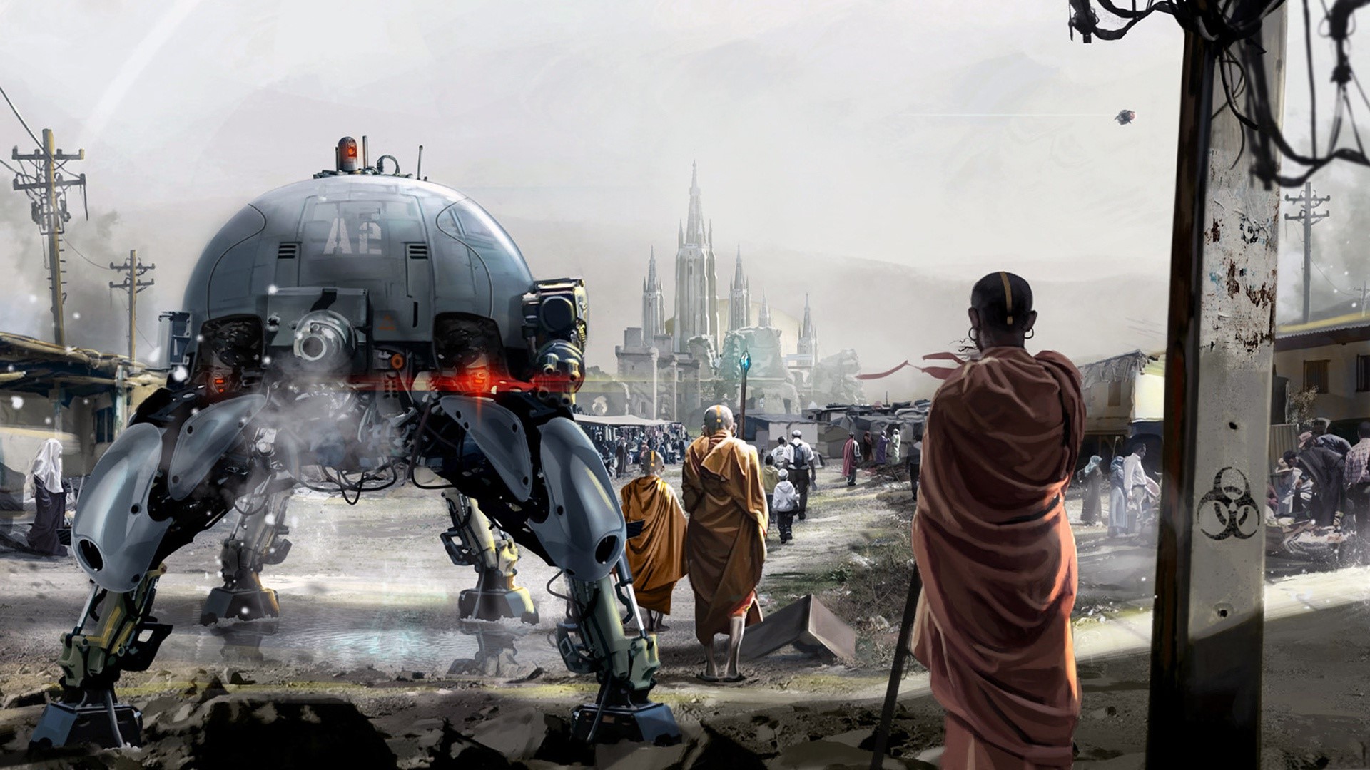Robot and monks in a futuristic city HD Wallpaper