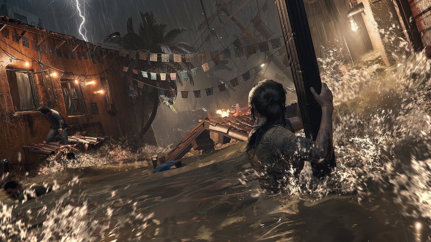 Lara Croft in a flooded village during a storm in Shadow of the Tomb Raider HD Wallpaper