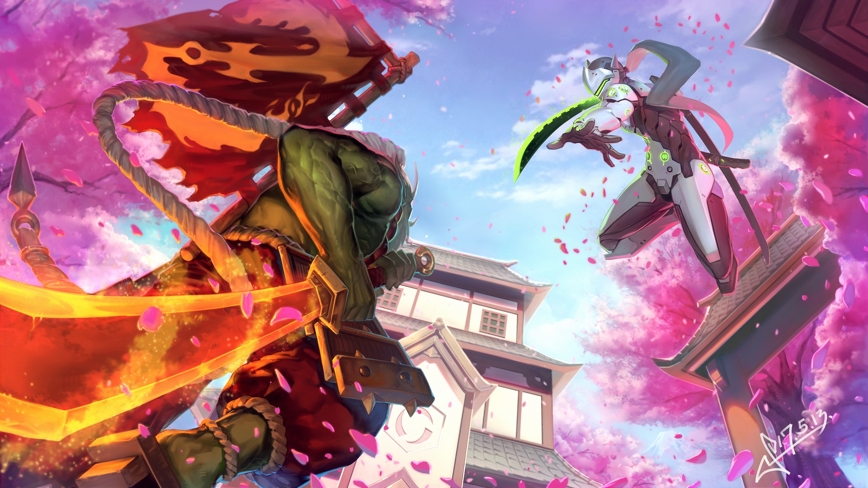 Genji and Samuro fighting among sakura trees HD Wallpaper
