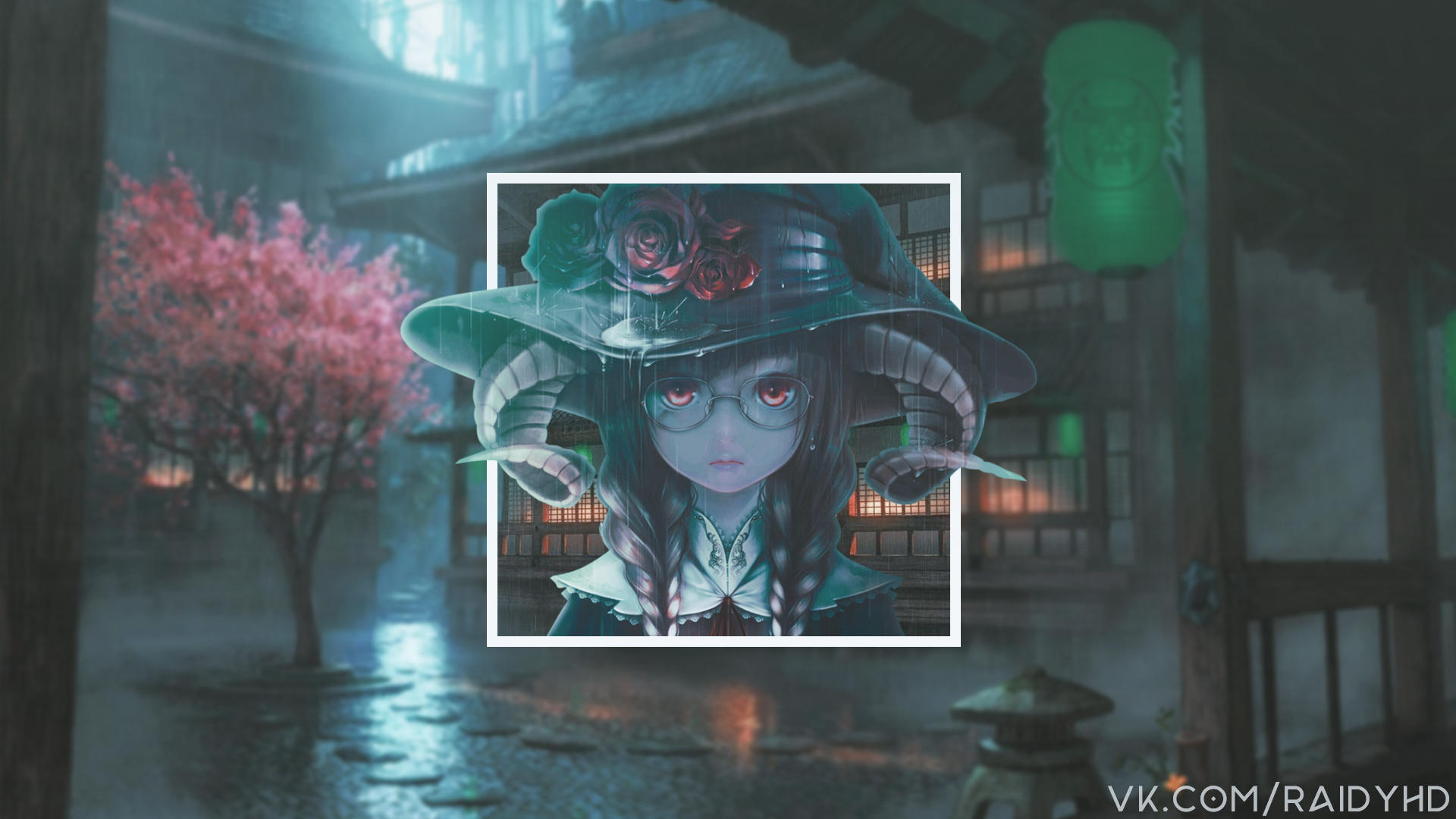 Anime girl with horns and glasses in the rain HD Wallpaper