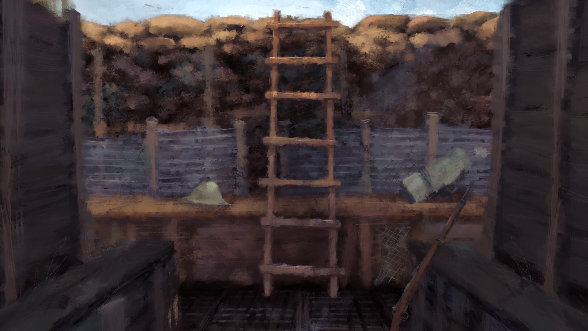 Trench warfare scene with ladder and rifle HD Wallpaper