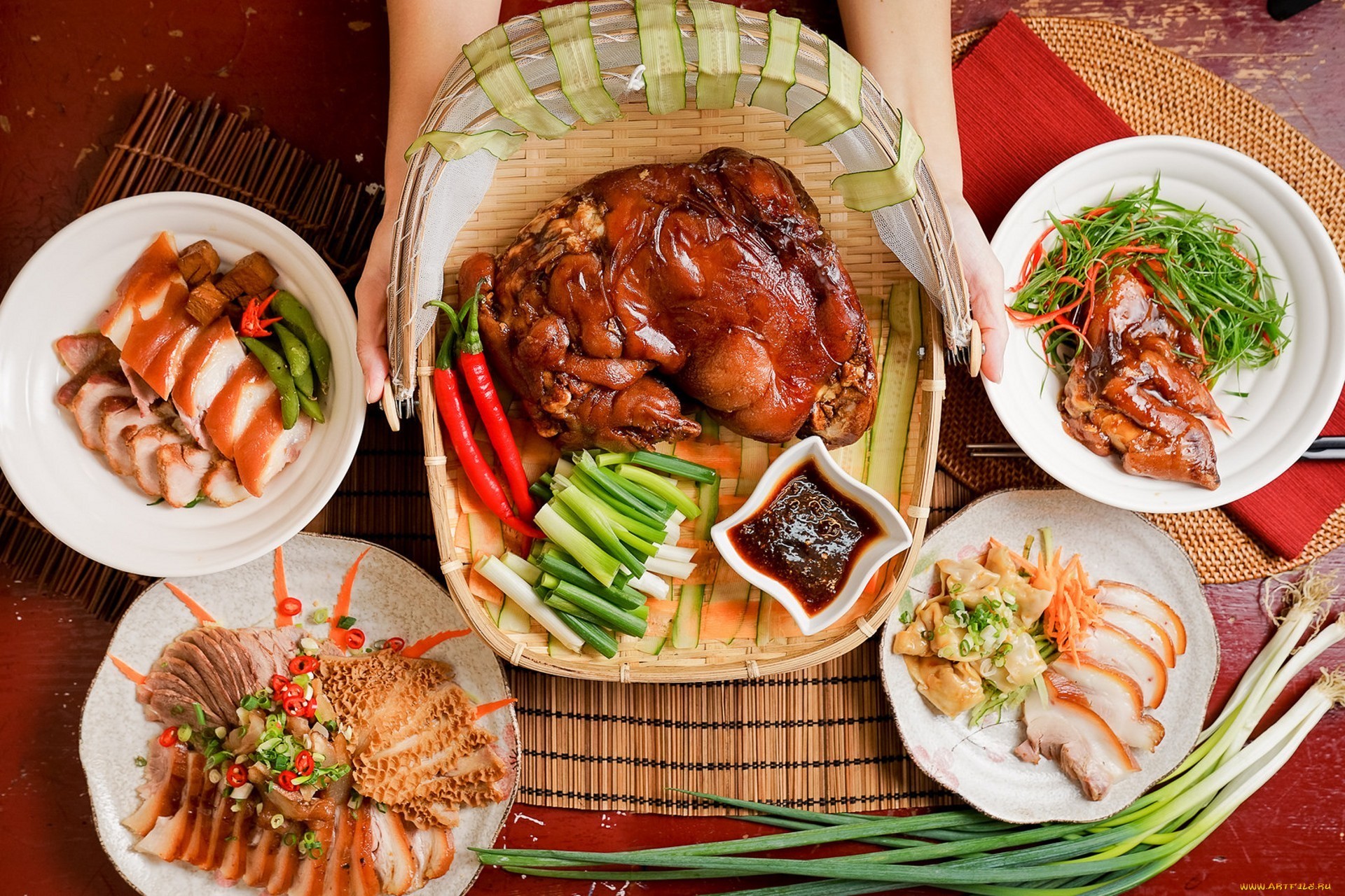 Table full of pork dishes and vegetables HD Wallpaper