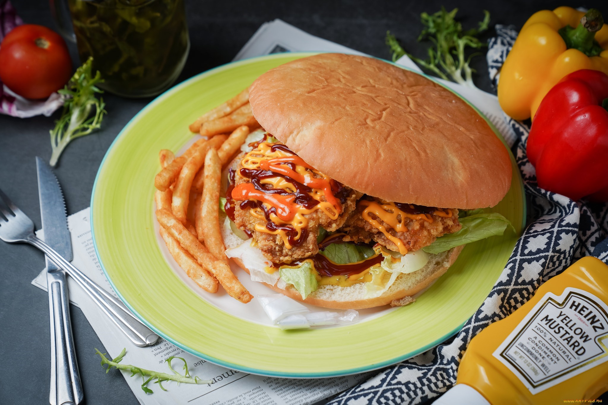 Burger with fries and Heinz mustard HD Wallpaper