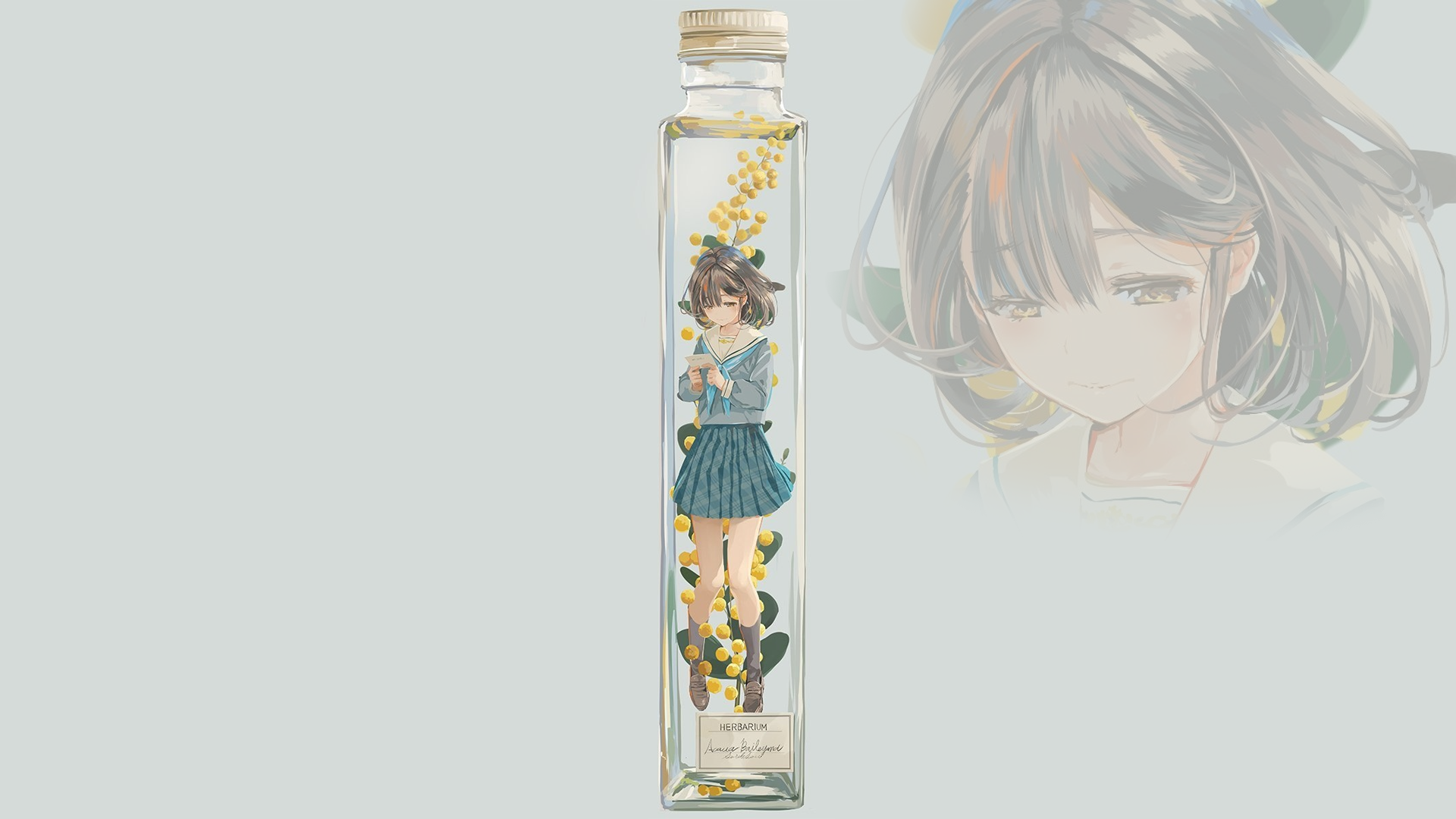 Anime girl in a bottle with flowers HD Wallpaper