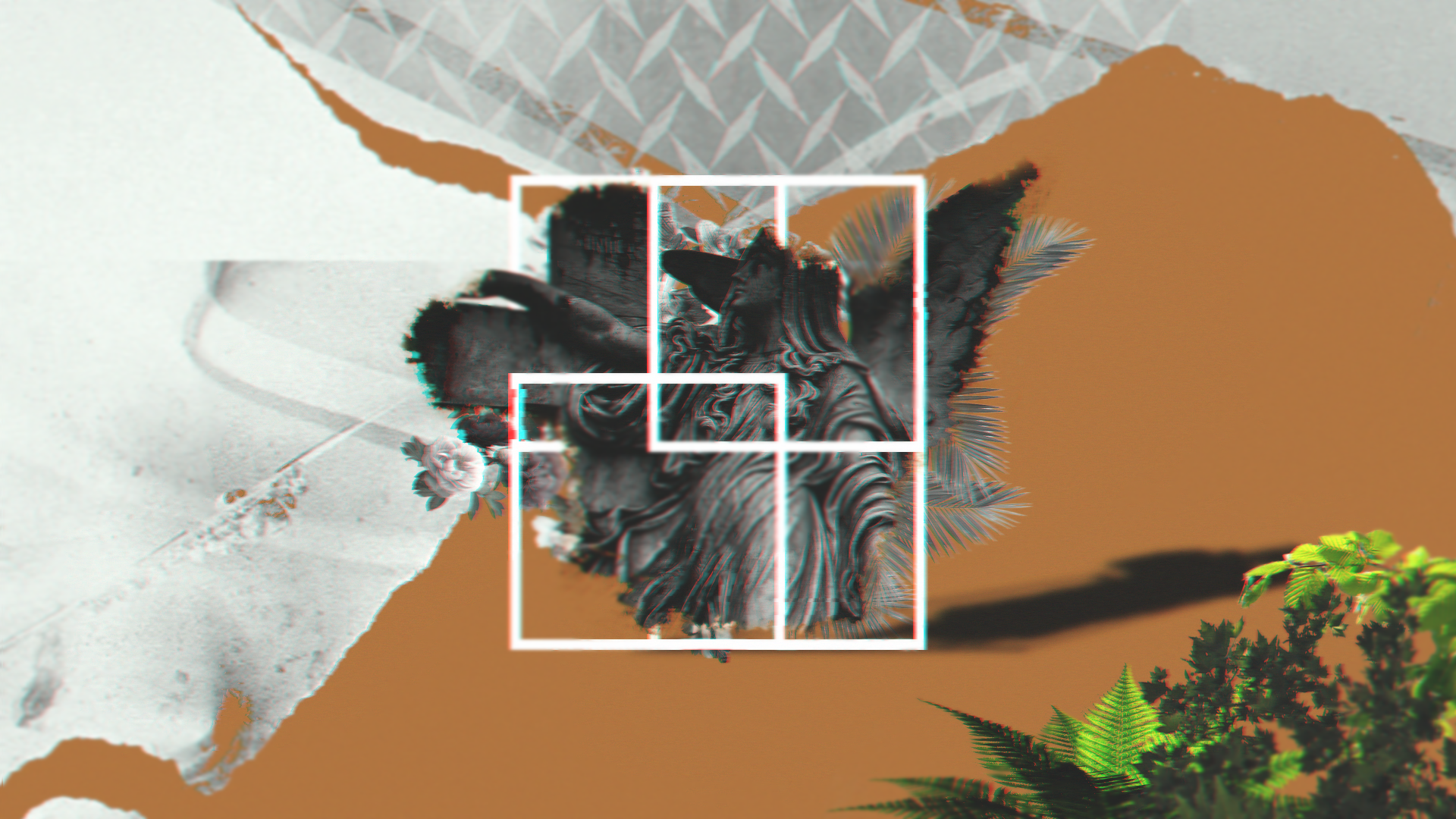 Abstract digital art with statue and nature elements HD Wallpaper
