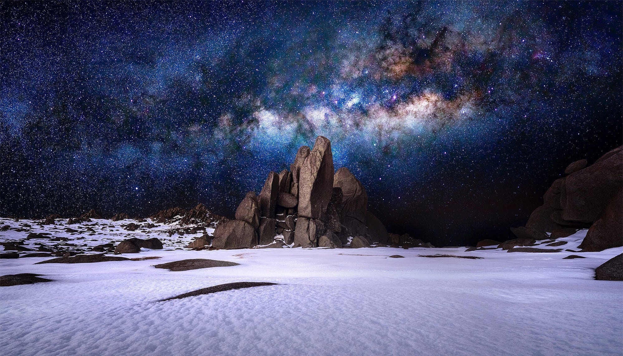 Milky Way over snow-covered rocks HD Wallpaper