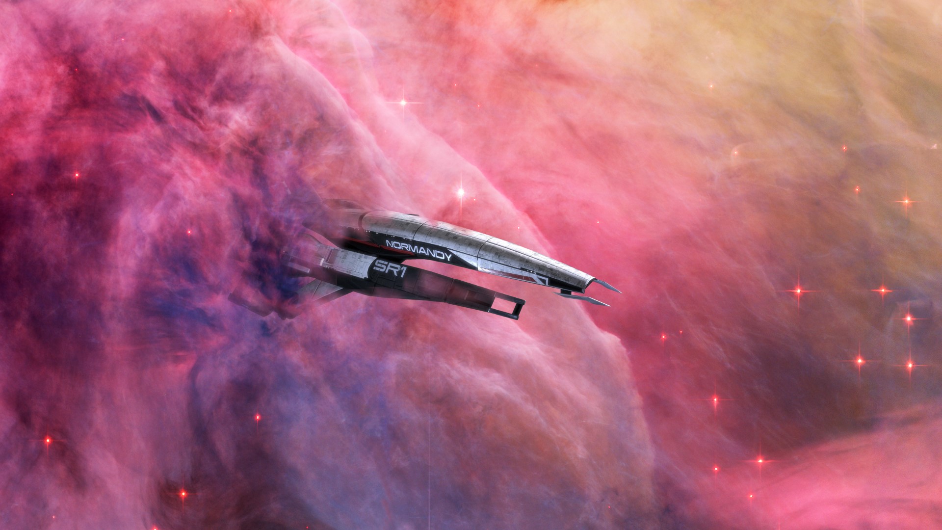 Normandy SR-1 spaceship in a nebula from Mass Effect HD Wallpaper