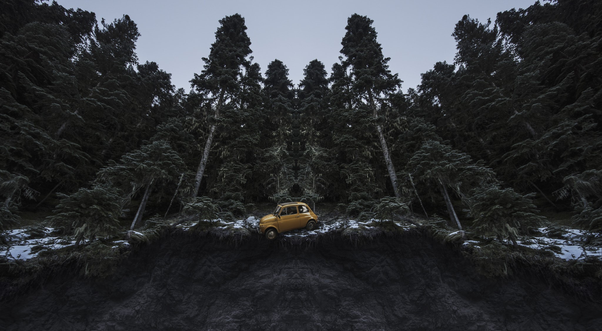 Yellow Fiat 500 in a dark forest HD Wallpaper