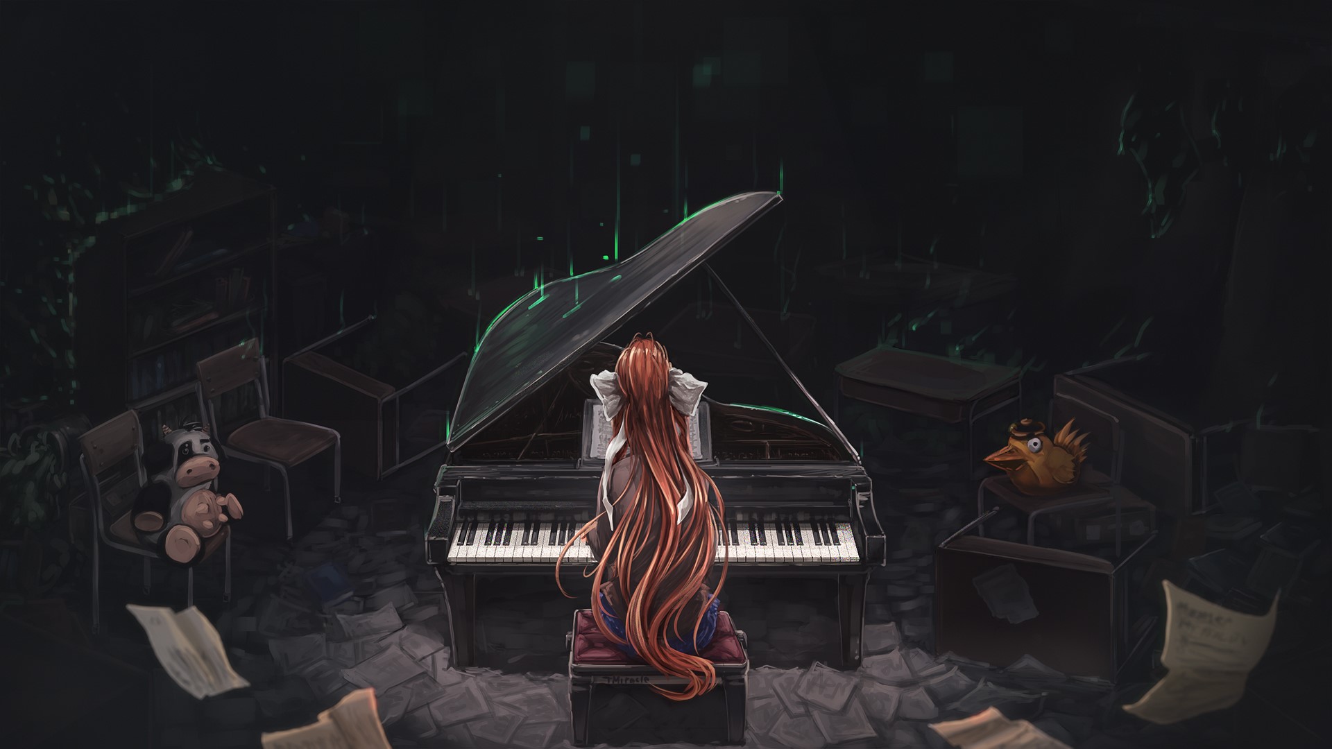 Monika from Doki Doki Literature Club playing piano HD Wallpaper