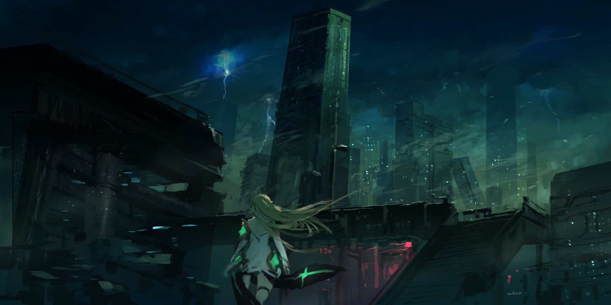 Anime girl with long hair in a dark, apocalyptic city HD Wallpaper
