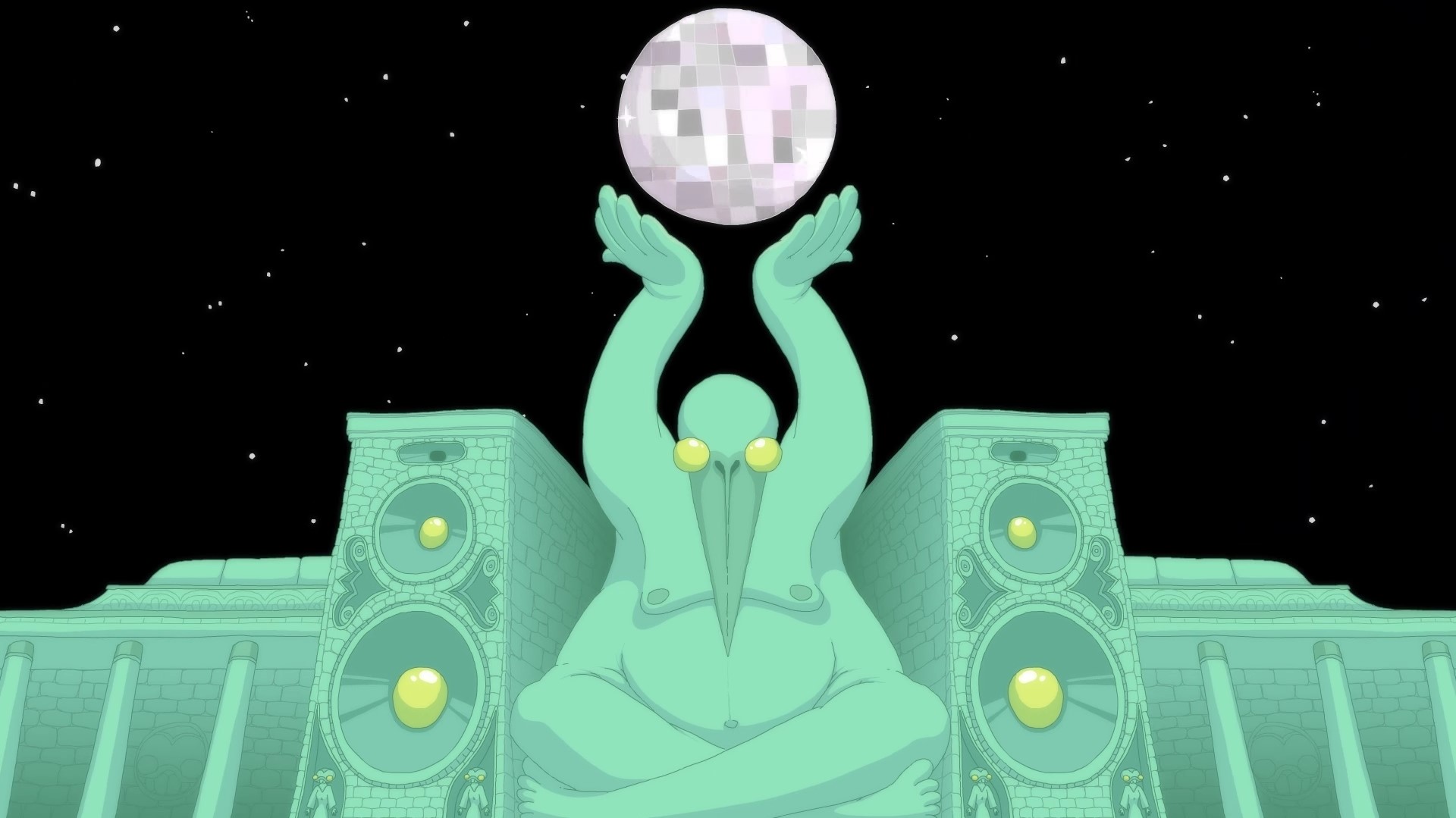 Artwork of a figure holding a disco ball in front of speakers HD Wallpaper