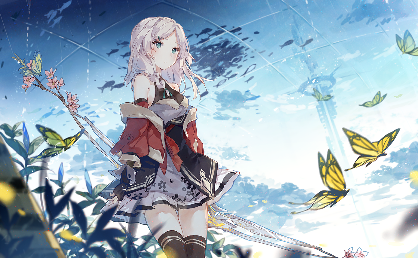 Anime girl with white hair and sword surrounded by butterflies HD Wallpaper