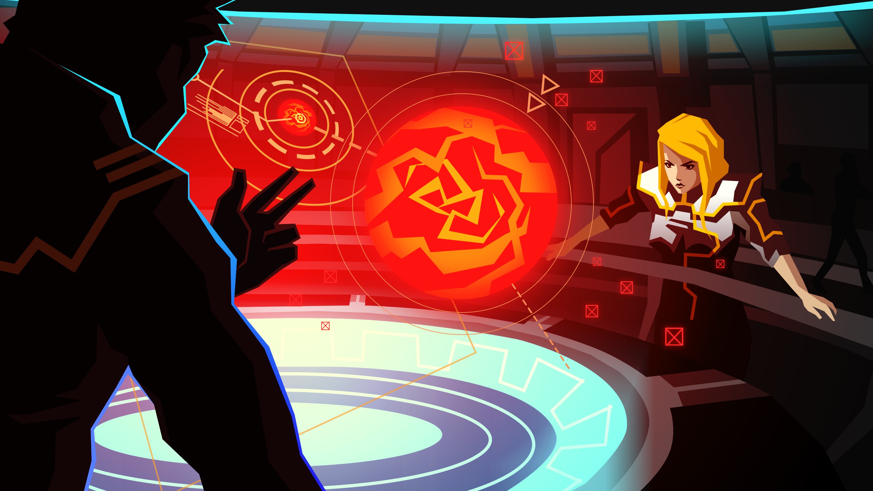 Characters in a futuristic control room with holographic display HD Wallpaper