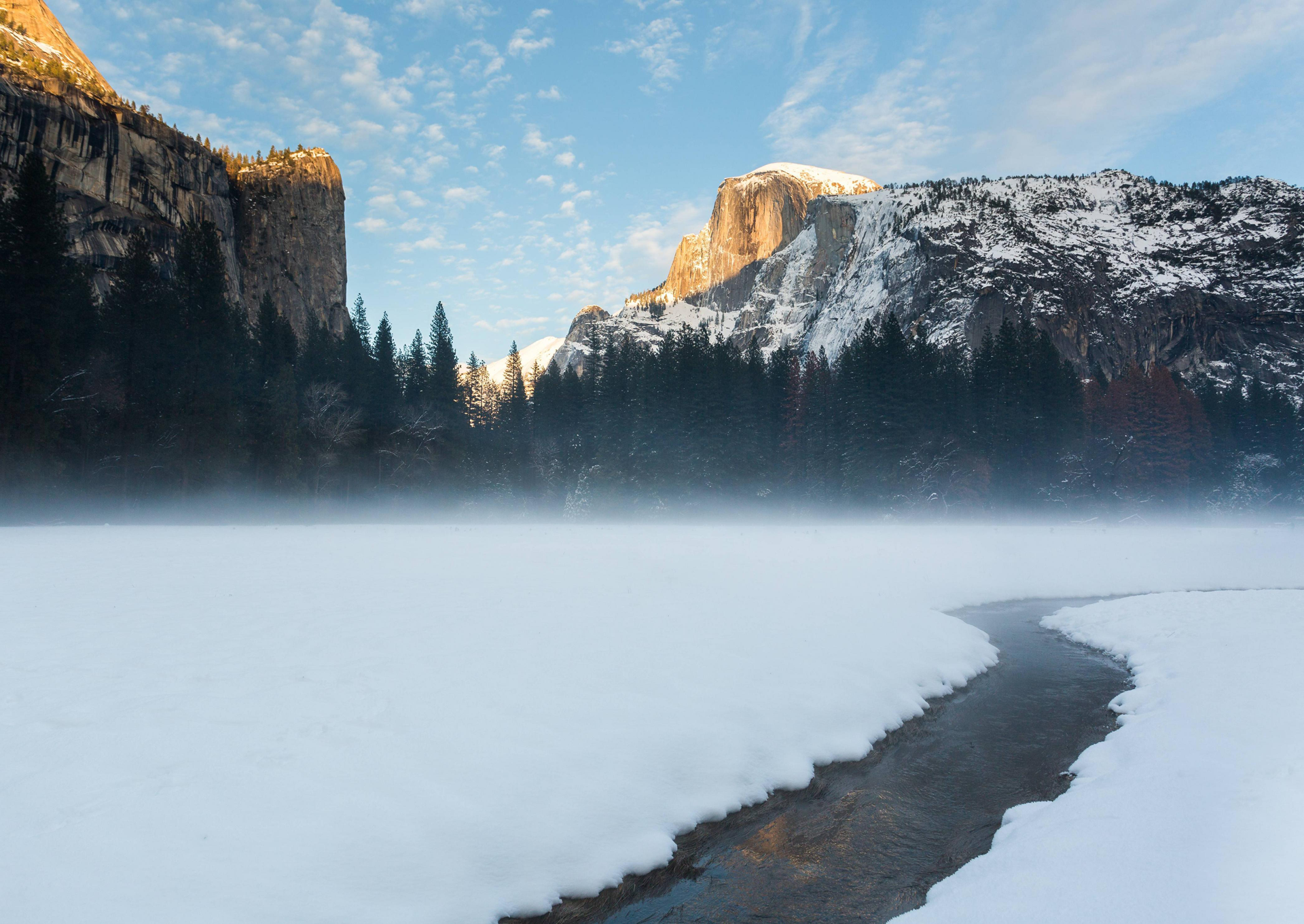 Snowy Yosemite Valley with Half Dome at Sunrise HD Wallpaper