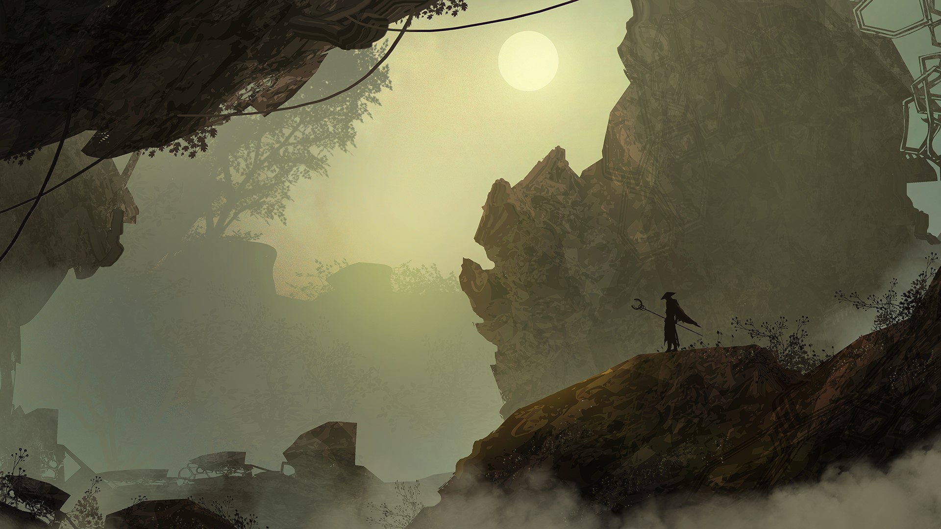 Mystical landscape with a robed figure holding a staff HD Wallpaper