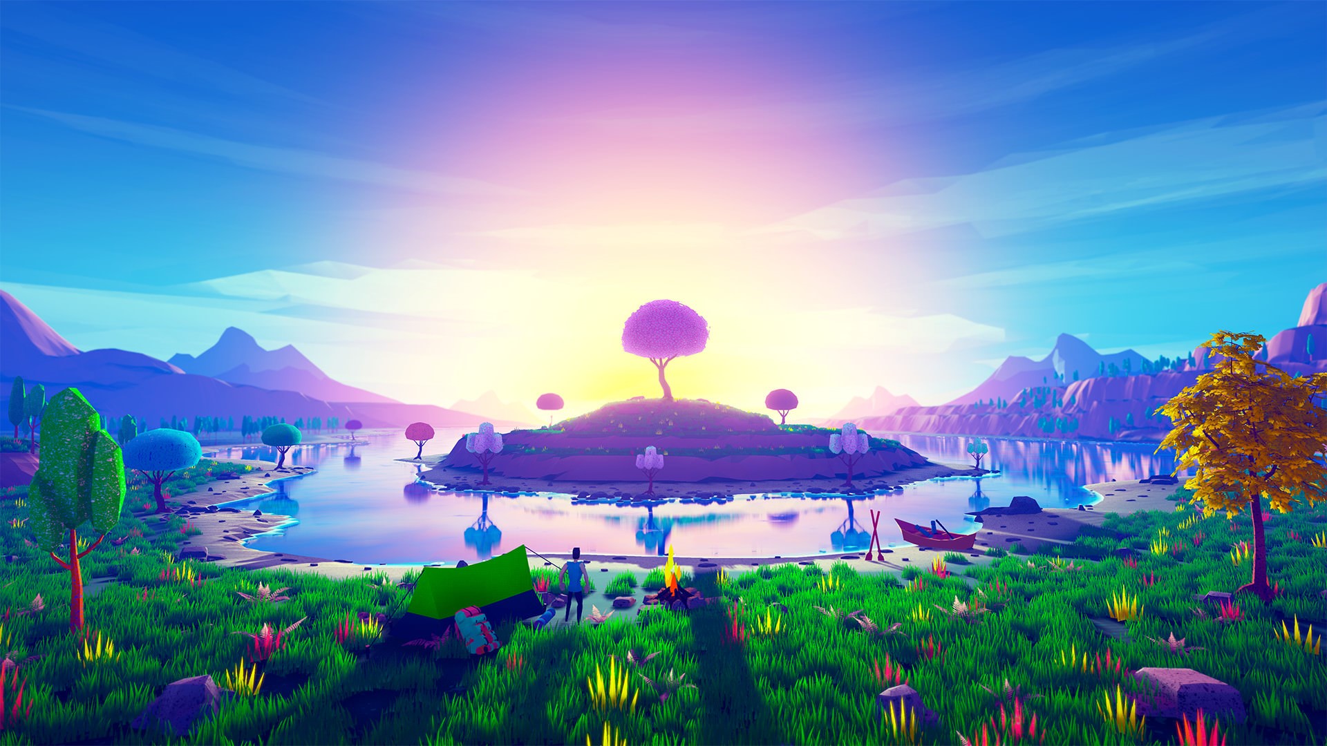 3D landscape with island, lake, mountains, and camping scene HD Wallpaper