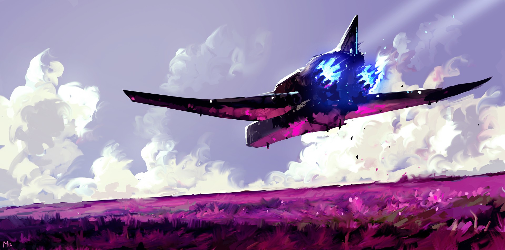 Futuristic spaceship flying over a purple field with clouds HD Wallpaper