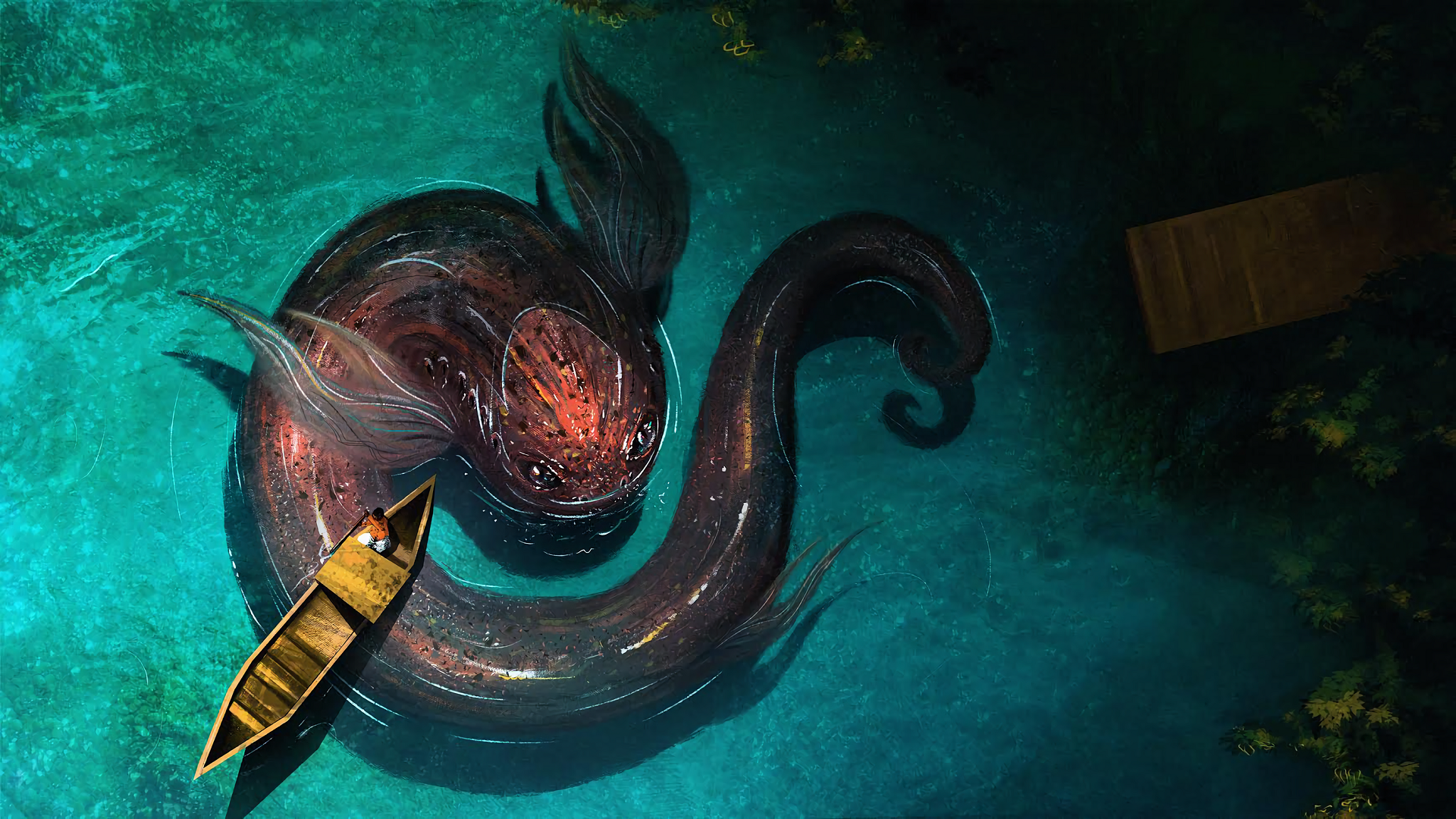 Fantasy art of a sea monster and a boat HD Wallpaper