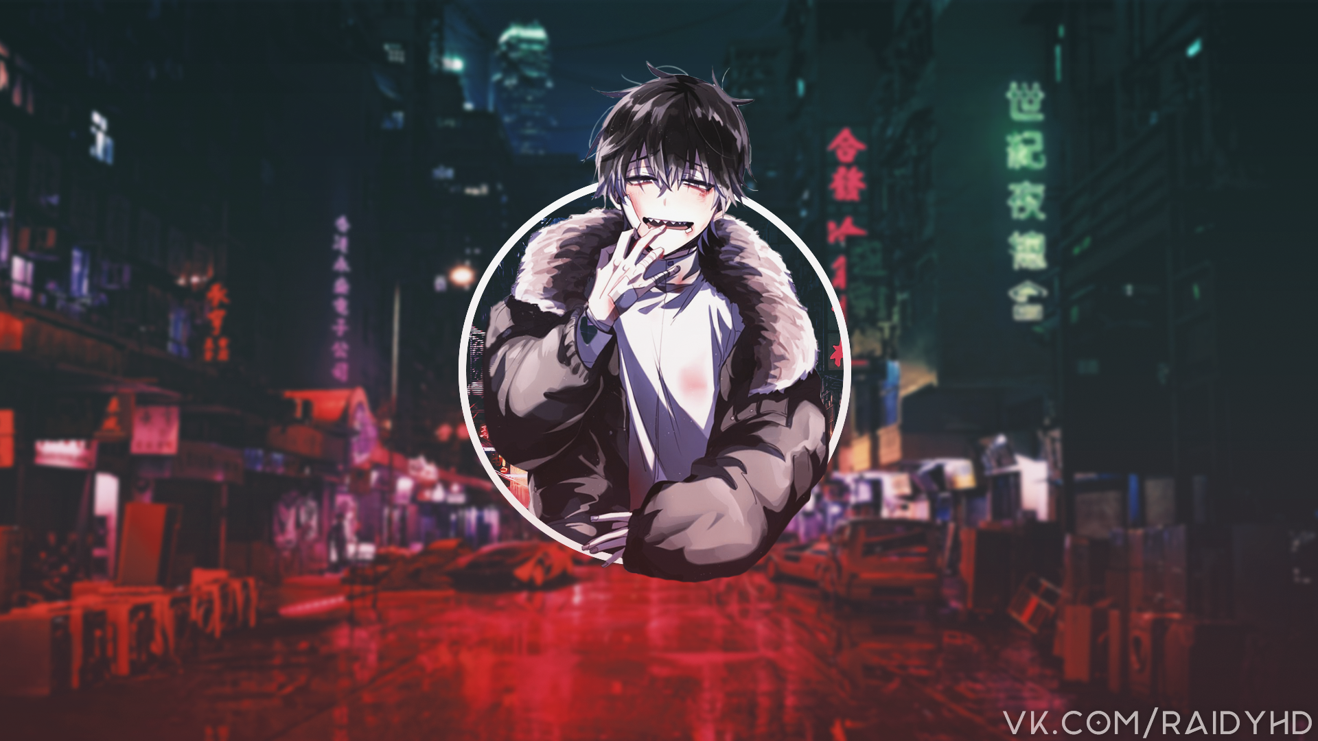 Anime boy in a fur-lined jacket in a neon city HD Wallpaper