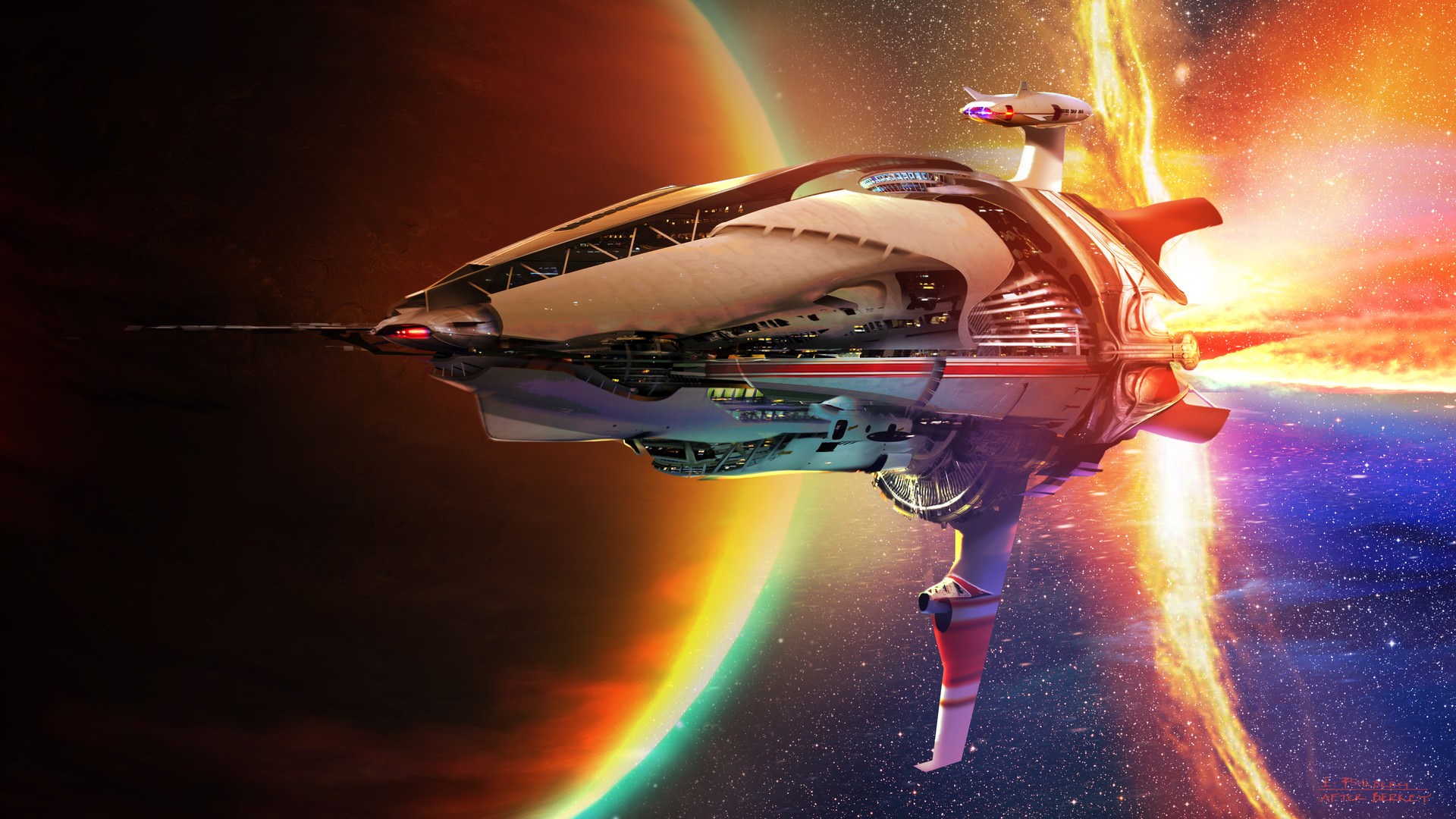Spaceship near a planet and nebula HD Wallpaper