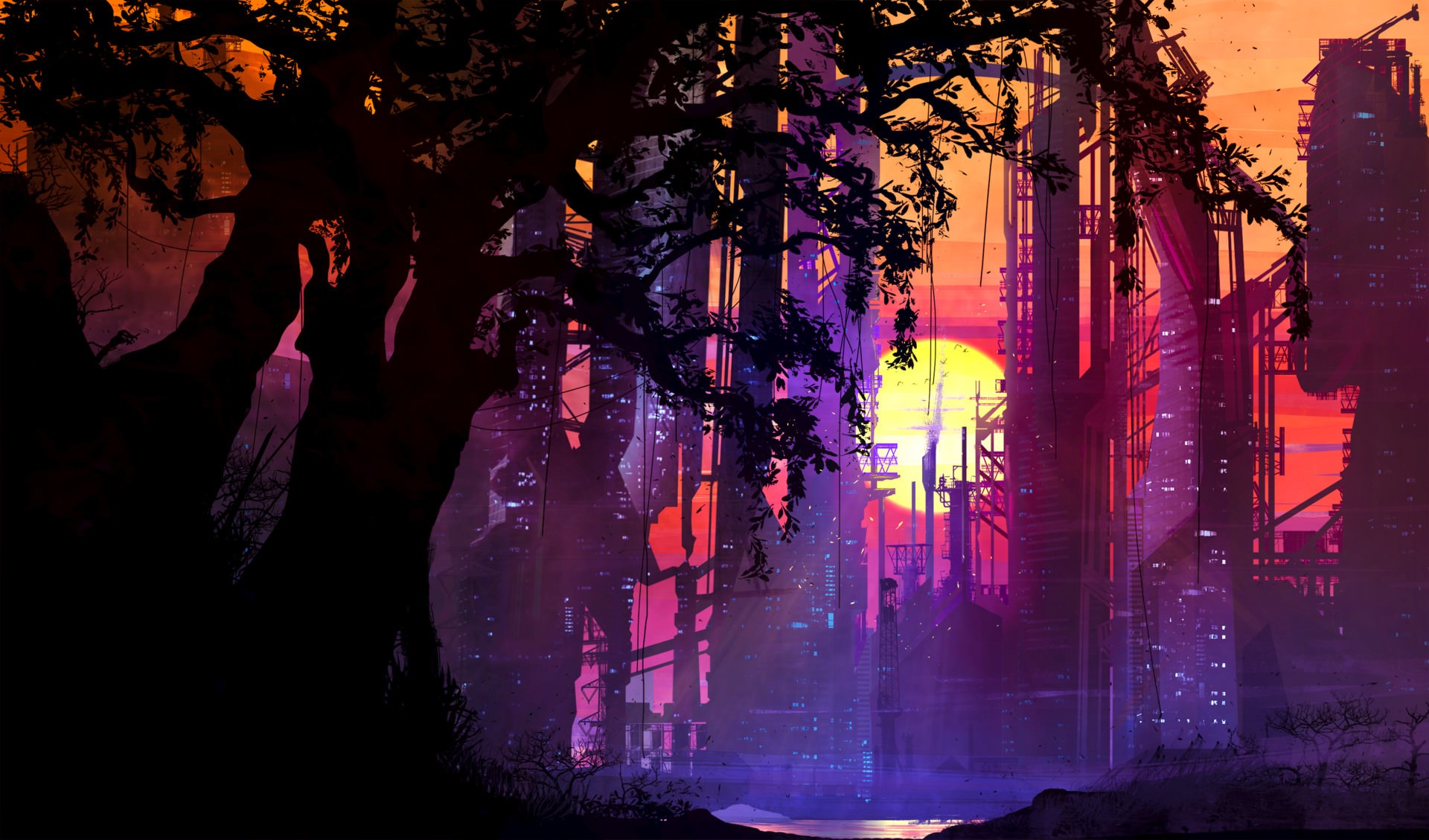 Cyberpunk city with a large tree at sunset HD Wallpaper