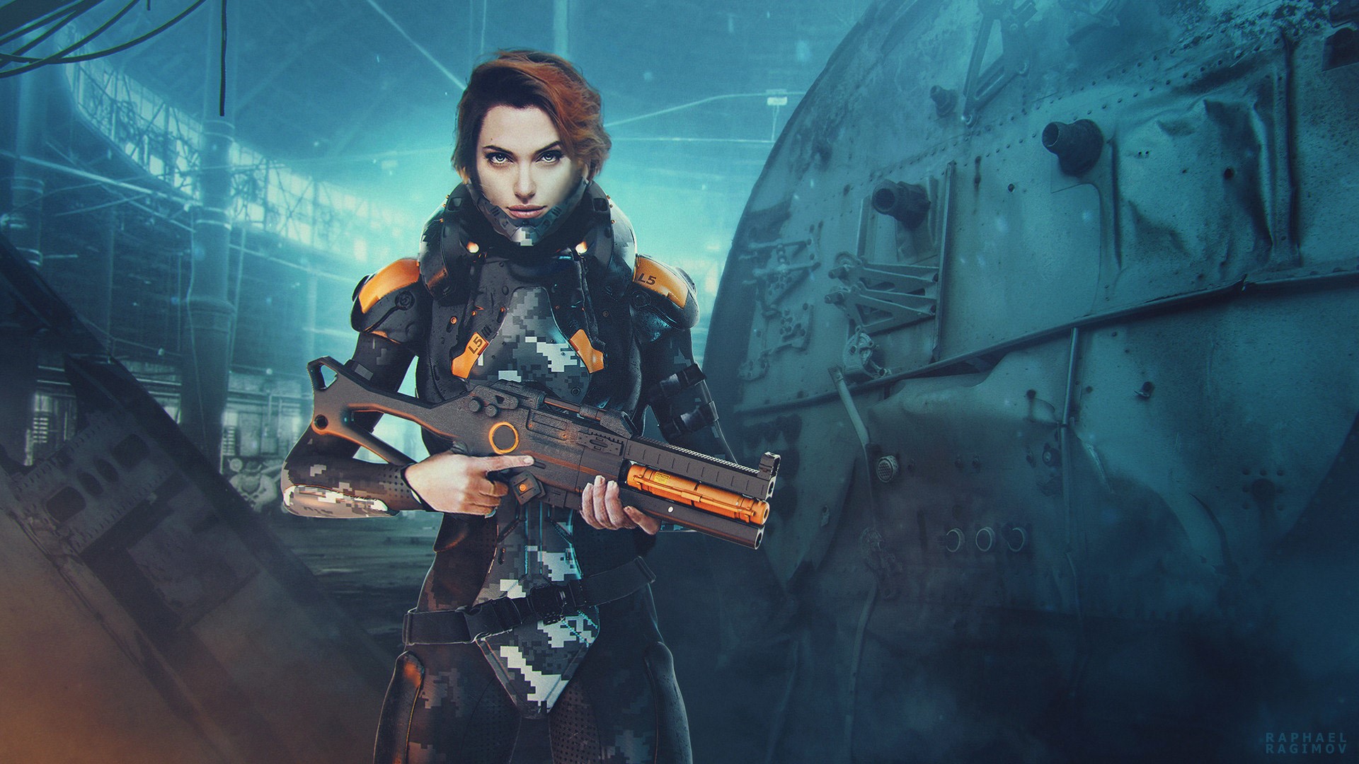 Woman in futuristic armor holding a weapon HD Wallpaper