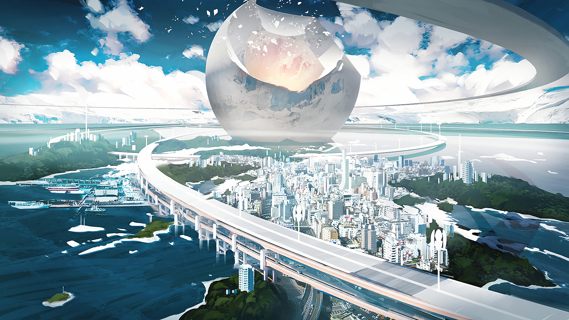 Futuristic city with a giant sphere above HD Wallpaper