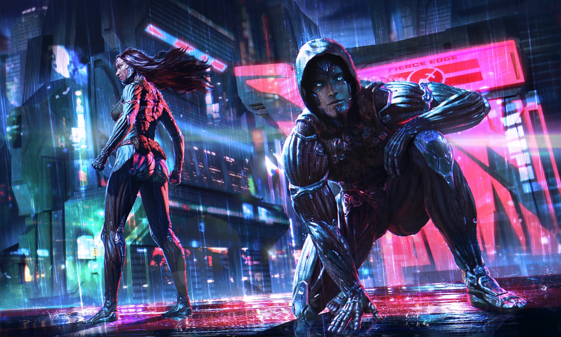 Cyberpunk characters in a neon city at night HD Wallpaper