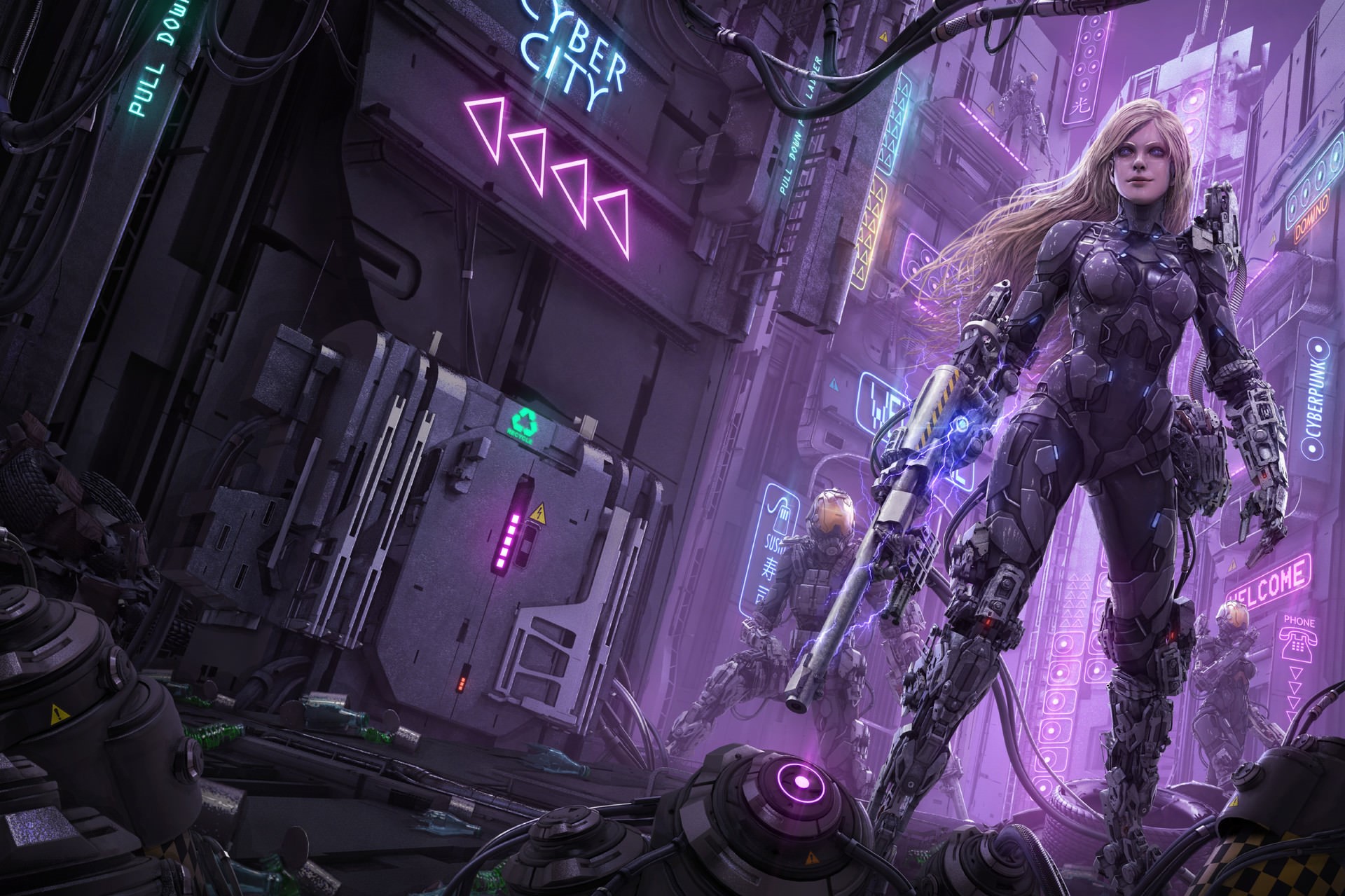 Cyberpunk City with Female Warrior and Soldiers HD Wallpaper