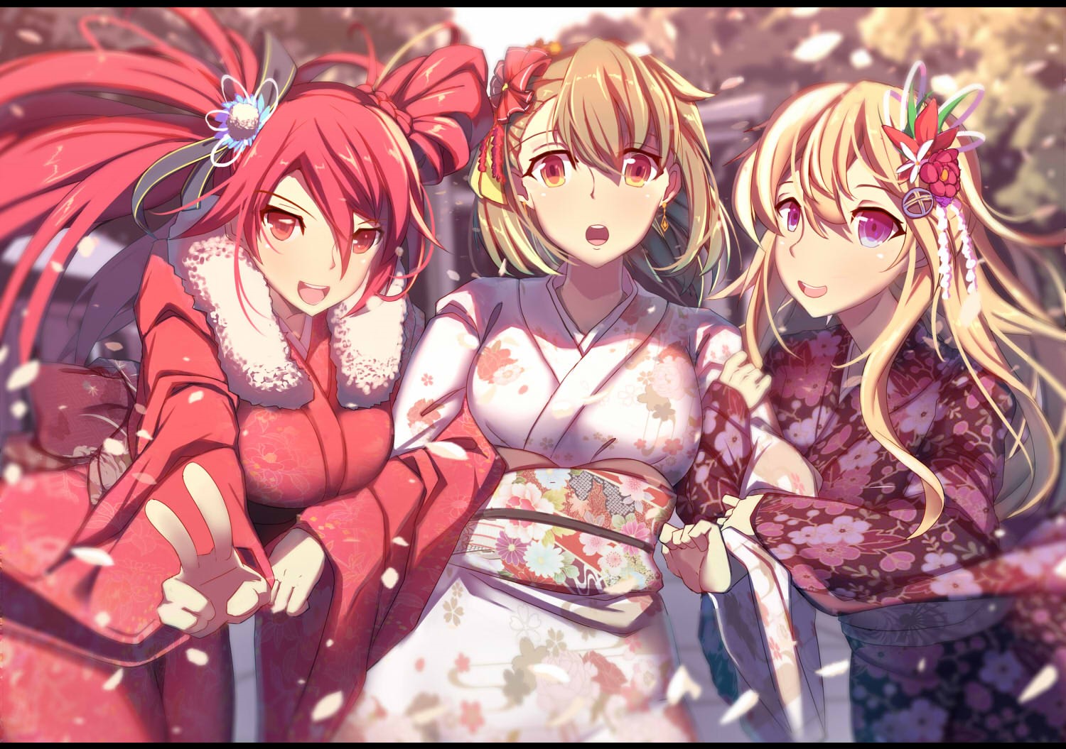 Three anime girls in kimonos HD Wallpaper
