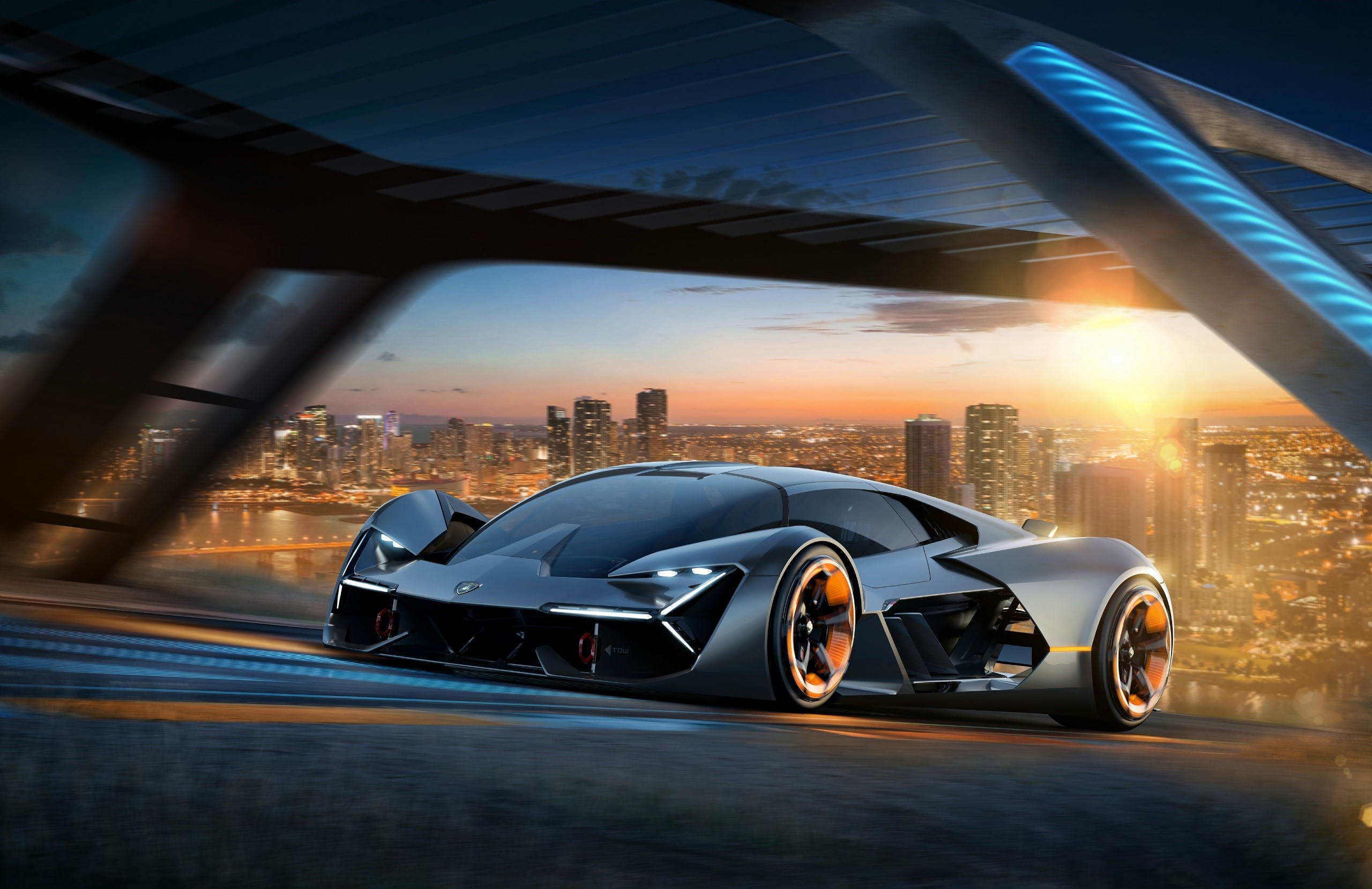 Lamborghini Terzo Millennio concept car in city at sunset HD Wallpaper