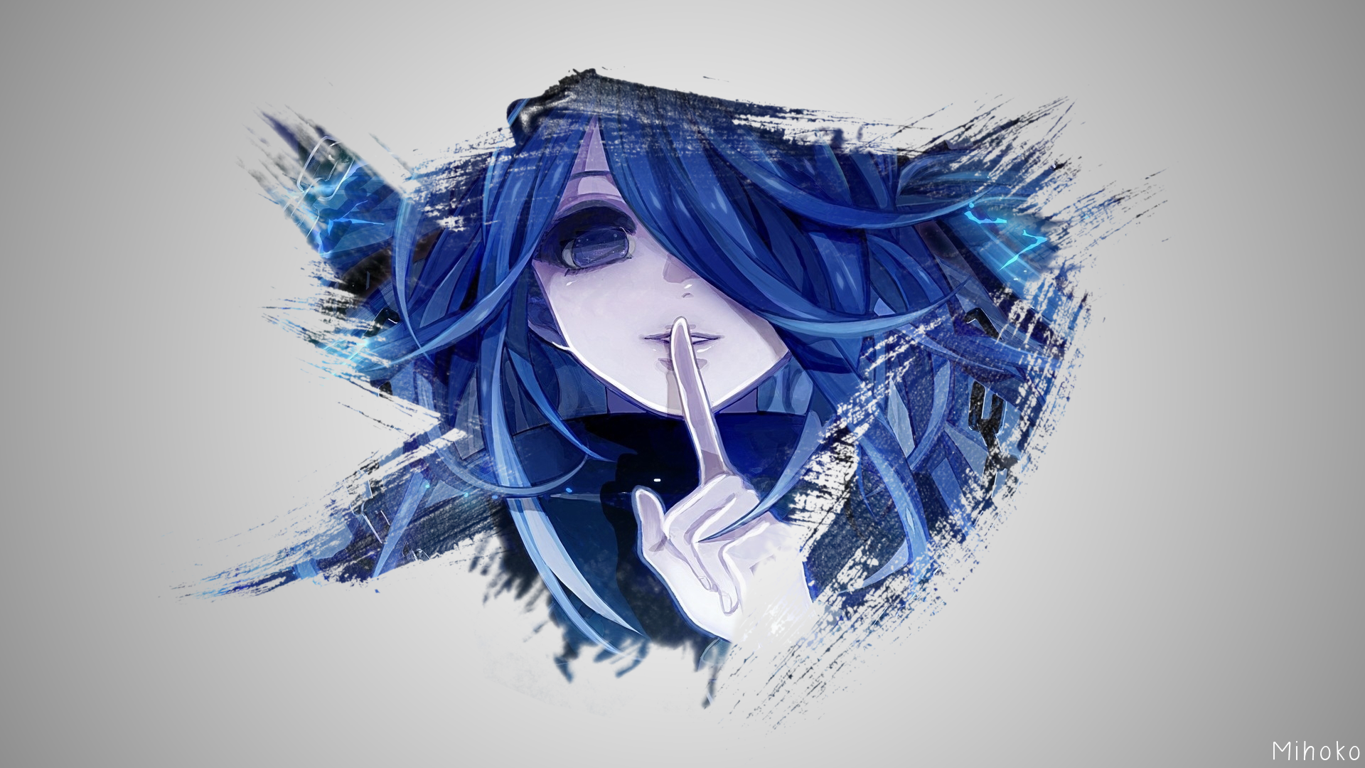 Anime girl with blue hair making a shushing gesture HD Wallpaper