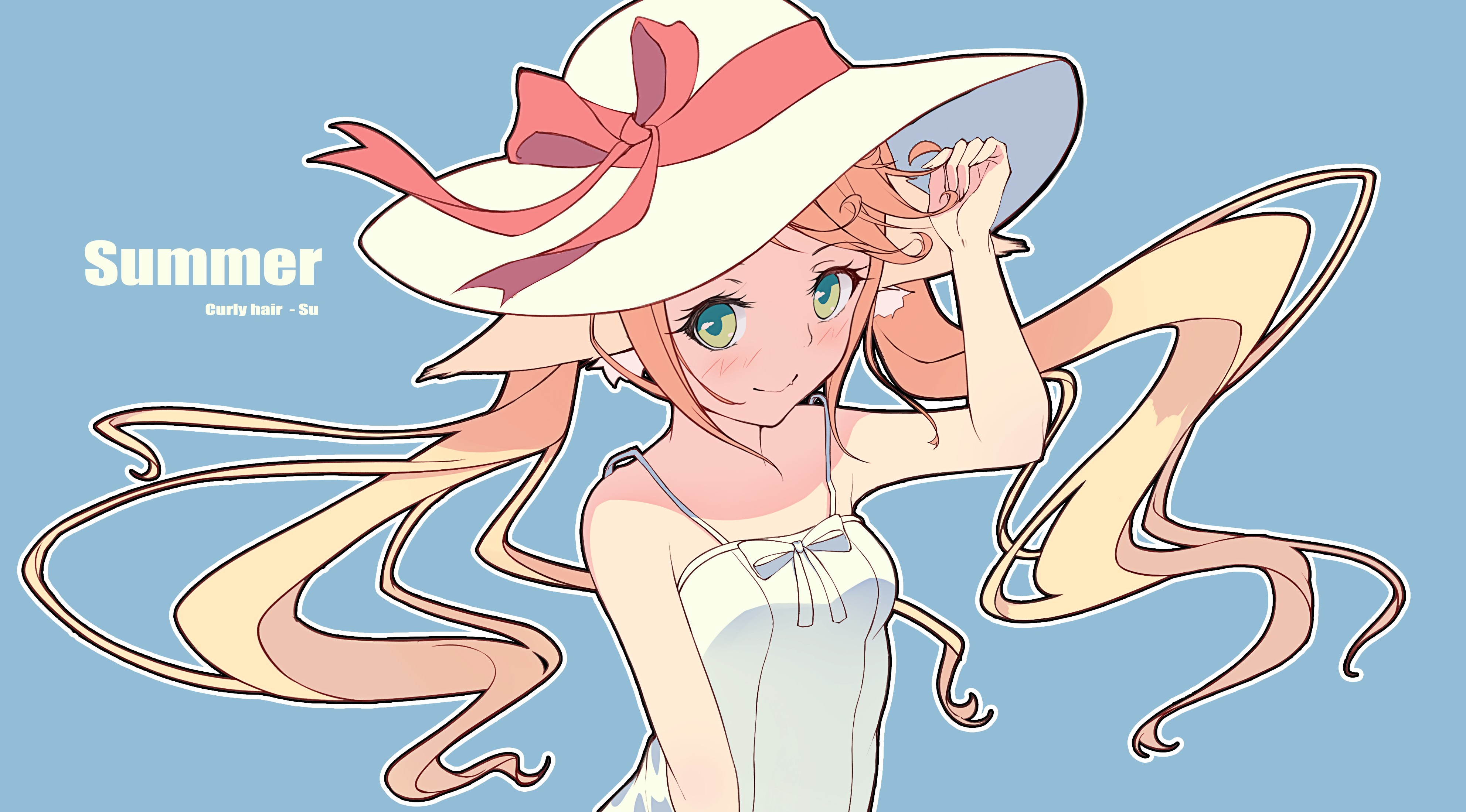 Anime girl with curly hair and hat in summer HD Wallpaper