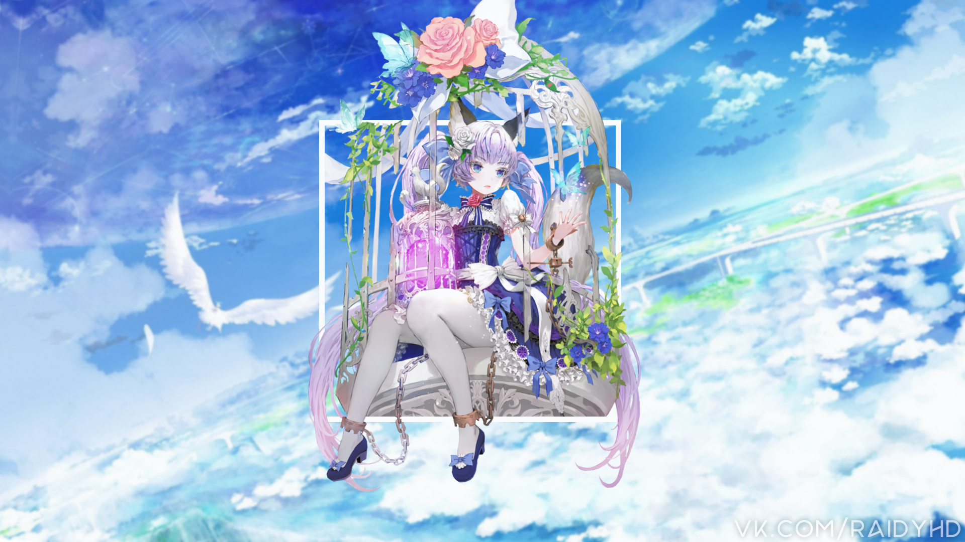 Anime girl with cat ears in a birdcage in the sky HD Wallpaper