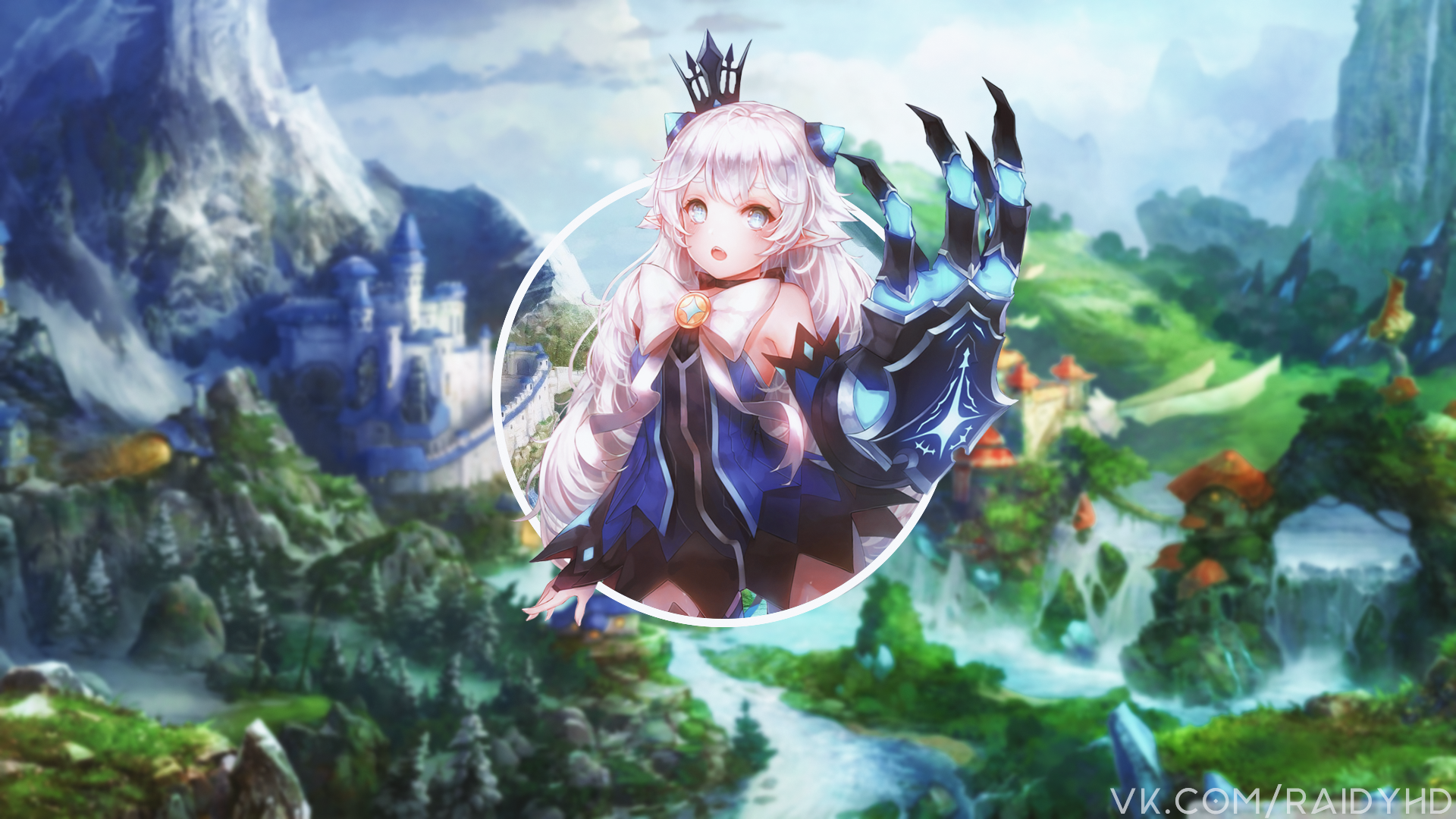 Anime girl with mechanical arm in fantasy landscape HD Wallpaper