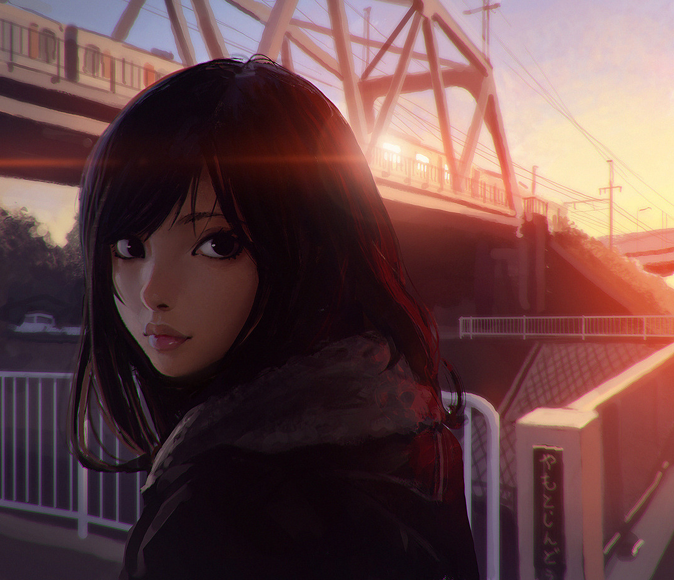 Anime girl with black hair by a bridge at sunset HD Wallpaper