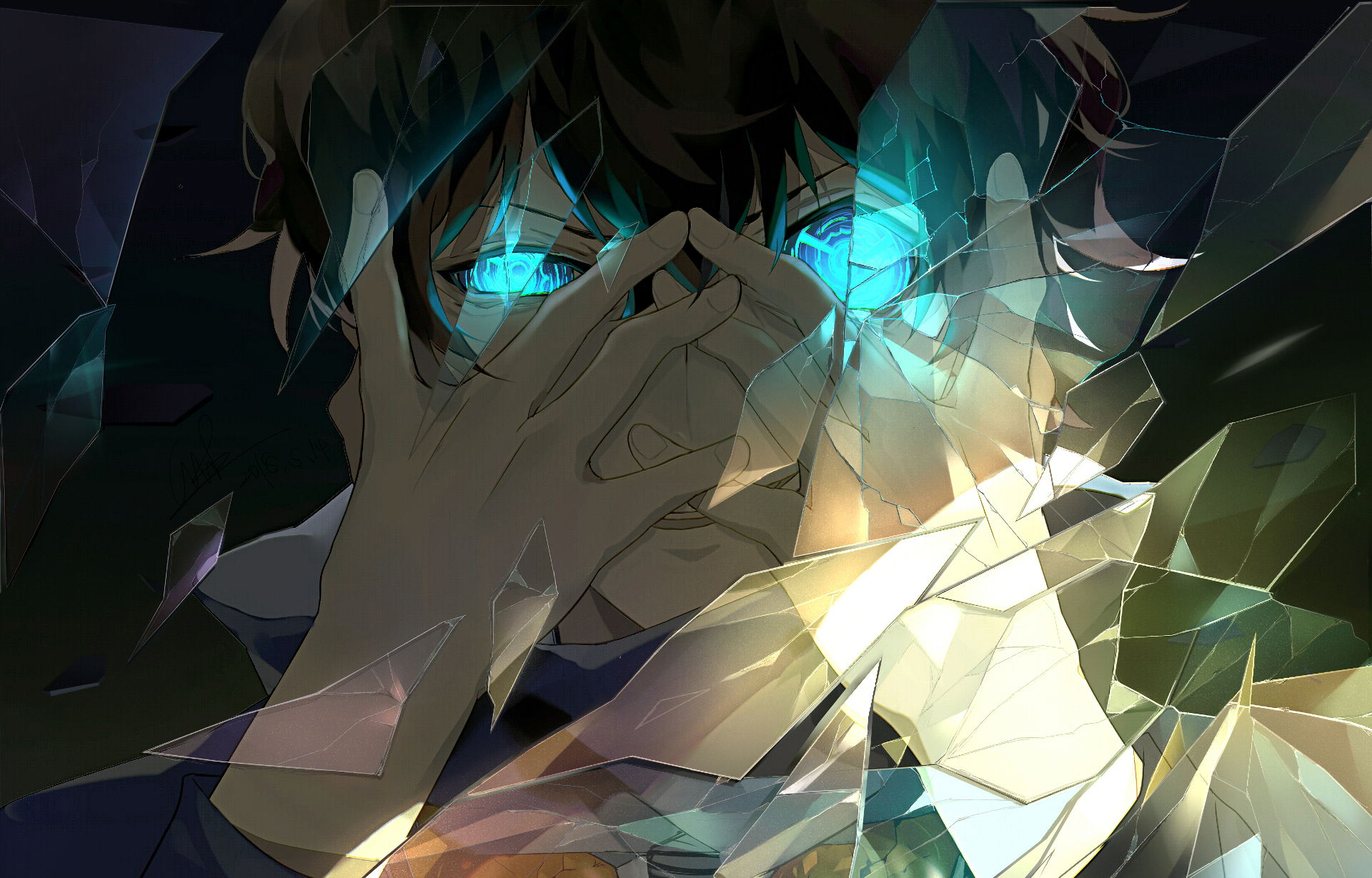 Anime boy with cyan eyes behind broken glass HD Wallpaper