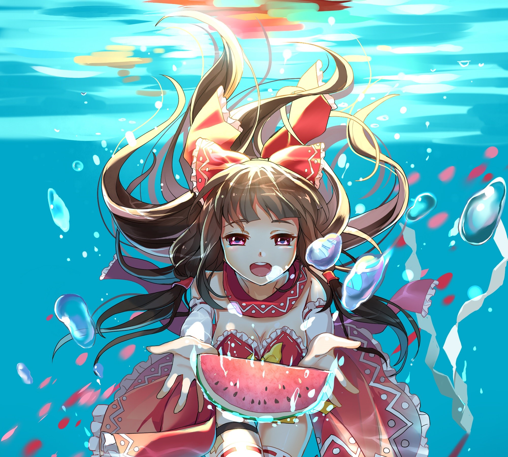Reimu Hakurei from Touhou holding a watermelon underwater HD Wallpaper