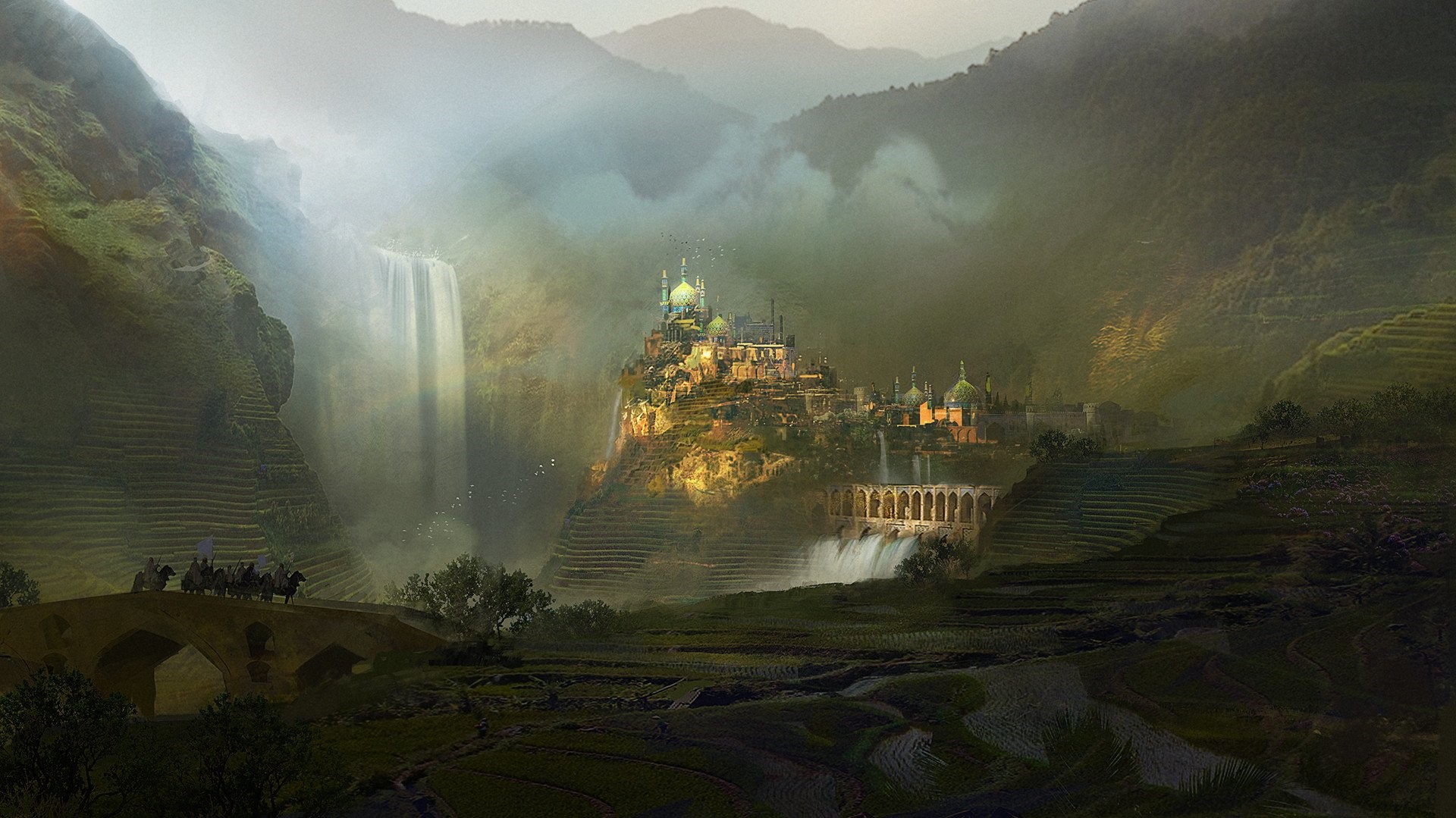 Fantasy city on a cliff with waterfalls and rice terraces HD Wallpaper