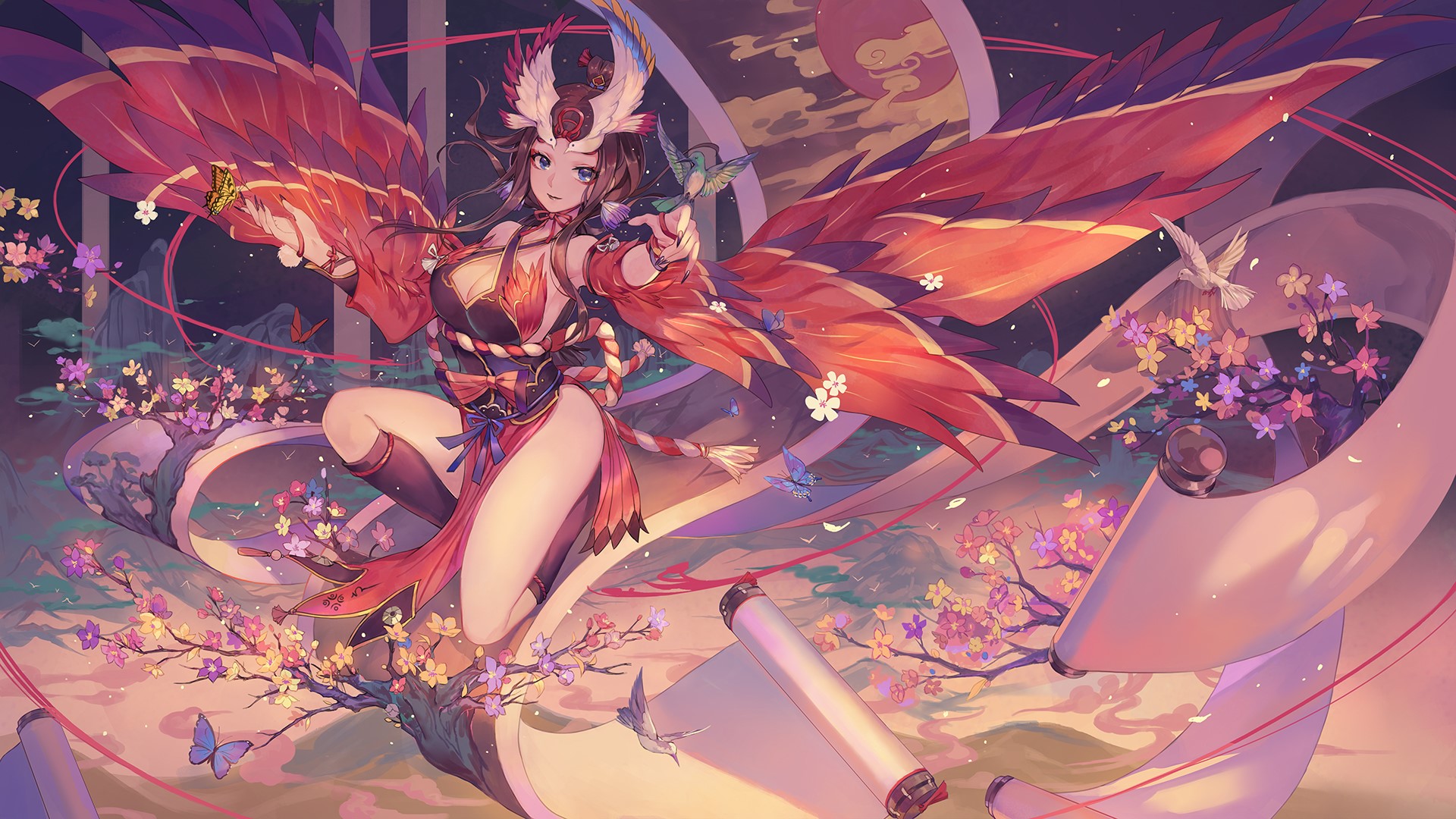 Anime girl with red wings and traditional Japanese outfit HD Wallpaper