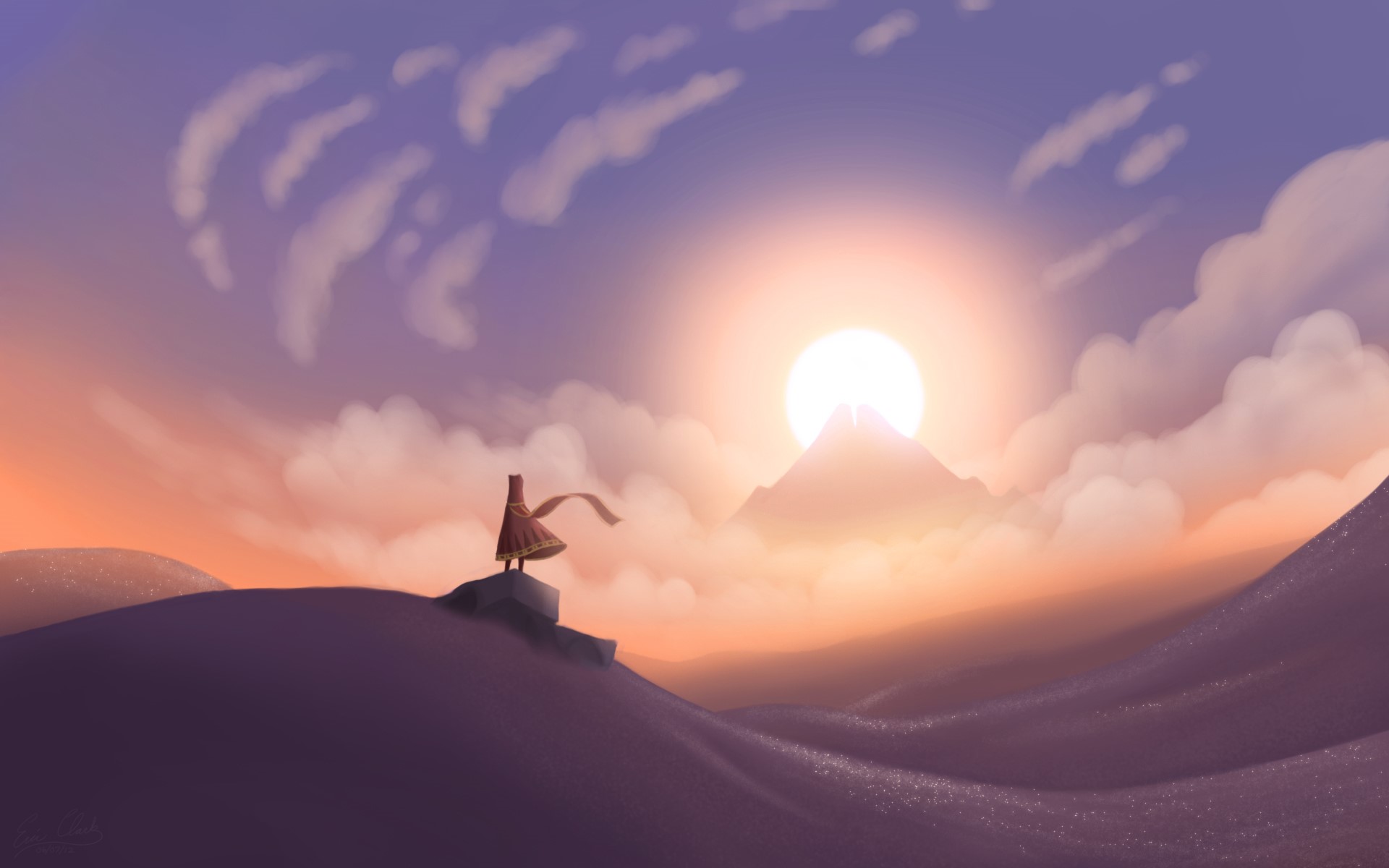 Character from Journey overlooking a desert landscape at sunset HD Wallpaper