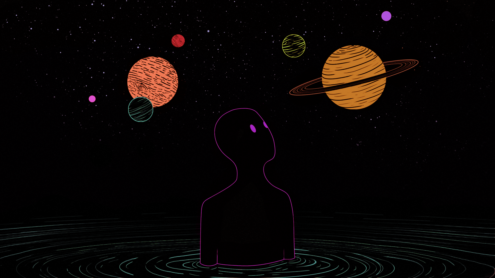 Silhouette figure looking at planets in space HD Wallpaper