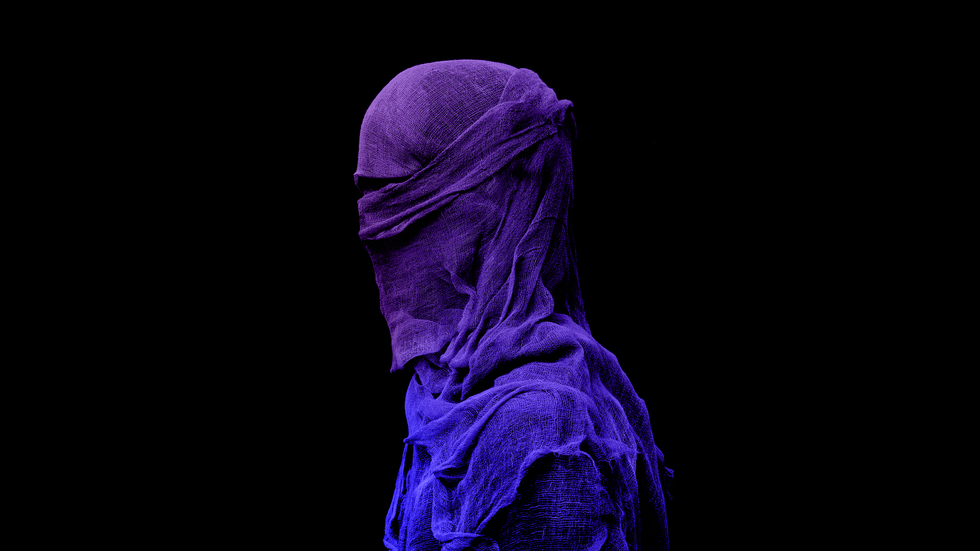Figure covered in purple and blue fabric against black background HD Wallpaper