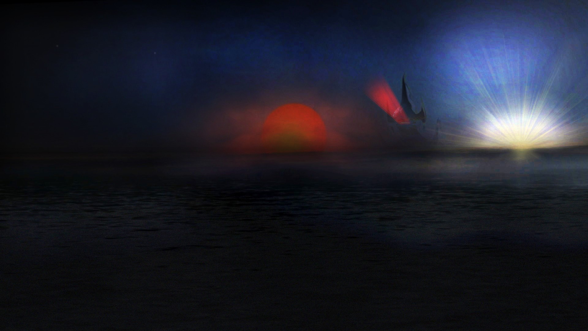 Spaceship flying over the sea with two suns HD Wallpaper