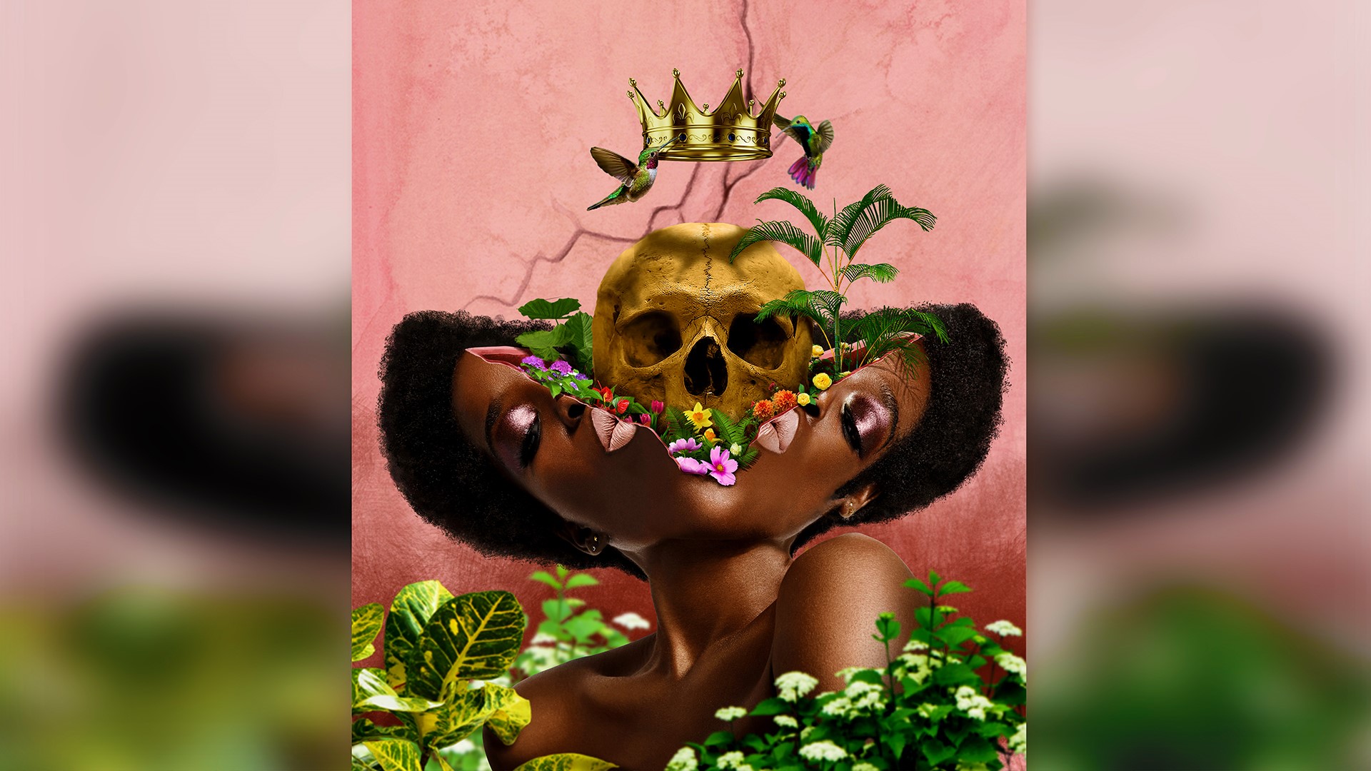 Woman with skull and flowers, crown, hummingbirds HD Wallpaper