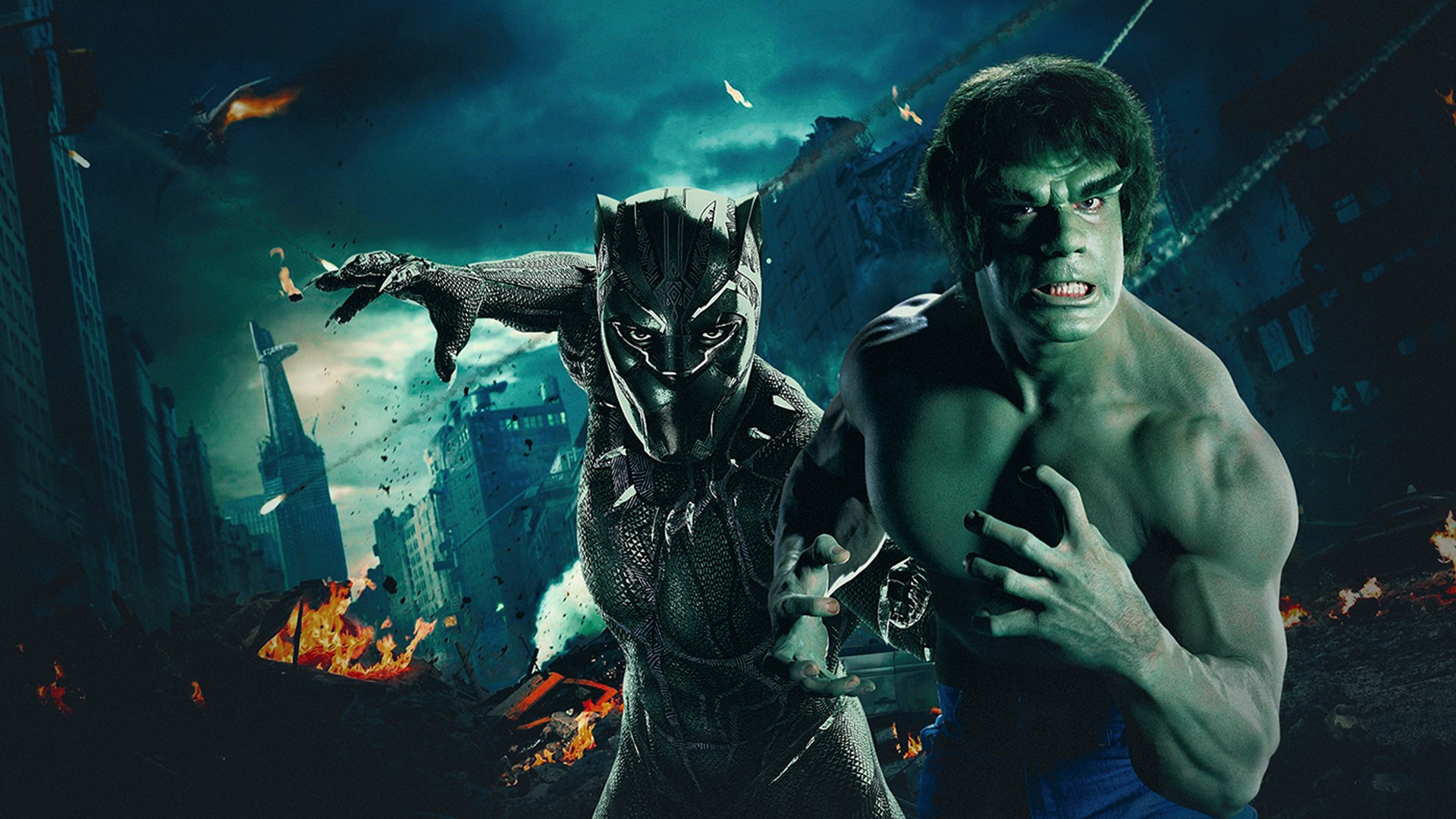 Hulk and Black Panther in a Destroyed City HD Wallpaper