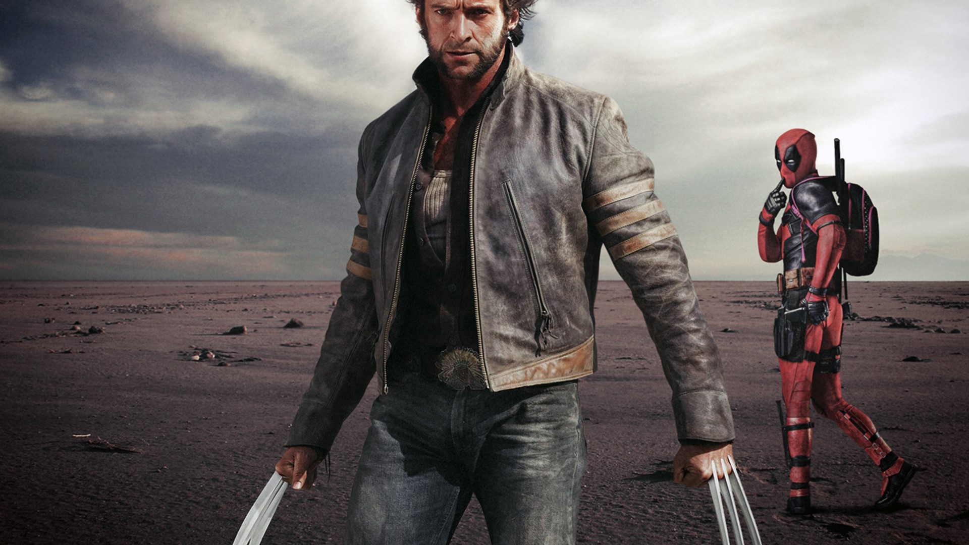 Wolverine and Deadpool in a desert landscape HD Wallpaper