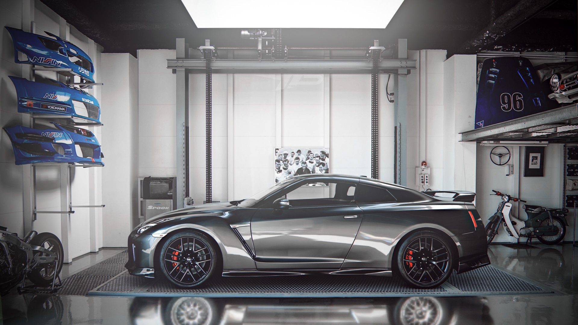 Silver Nissan GTR in a garage with car parts HD Wallpaper