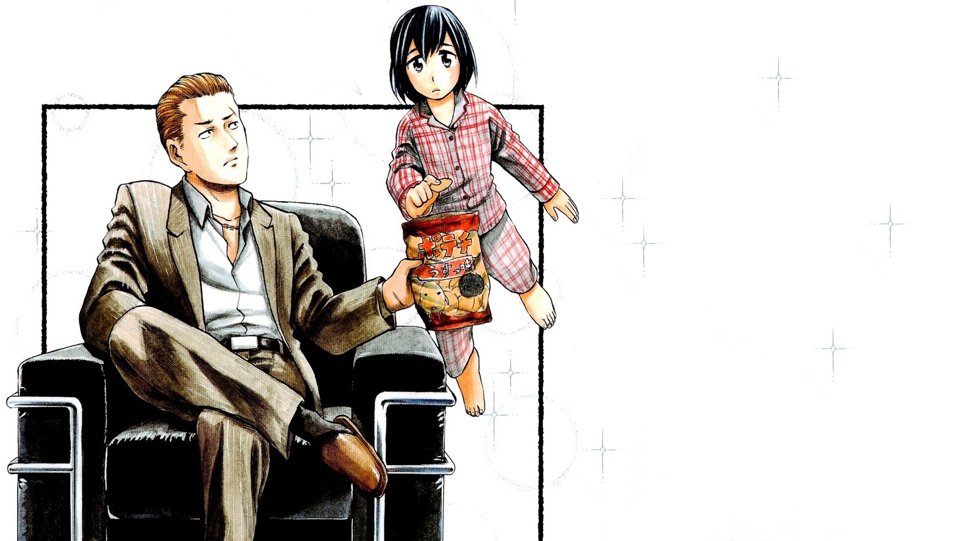 Man in suit and girl with chips HD Wallpaper