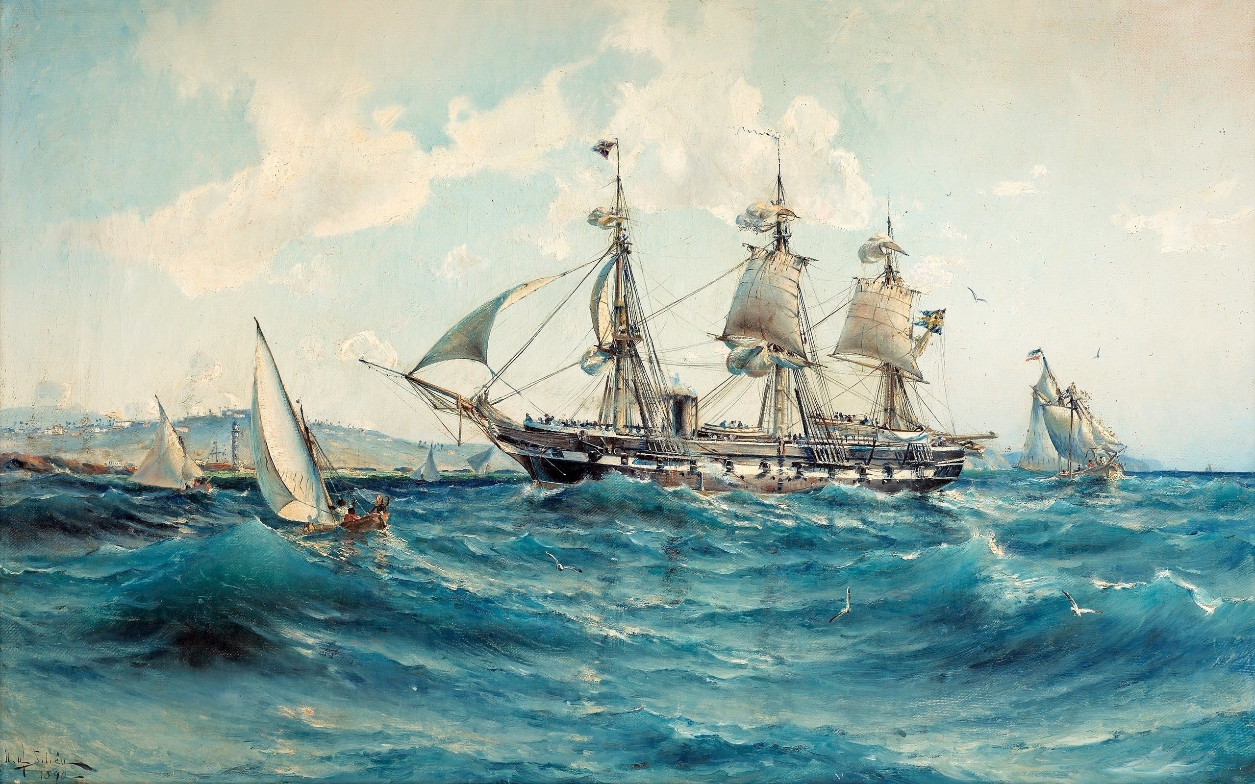 Painting of a large sailing ship at sea with smaller sailboats HD Wallpaper